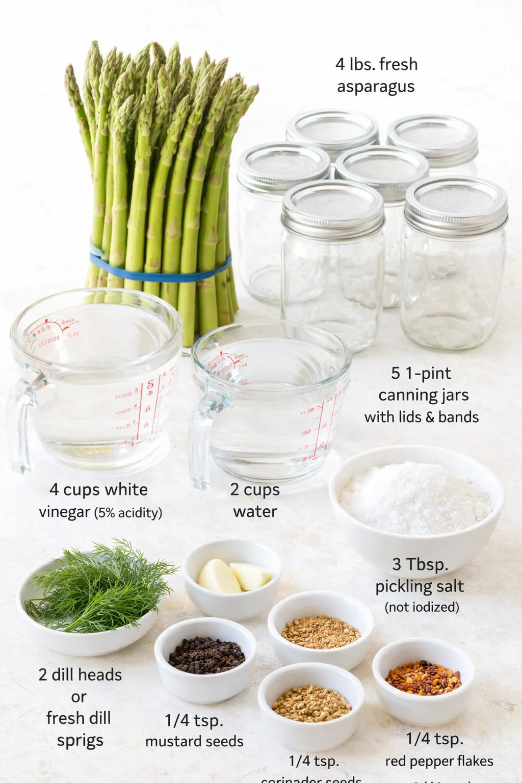 Fresh asparagus bundle with jars and pickling ingredients arranged on a bright countertop.