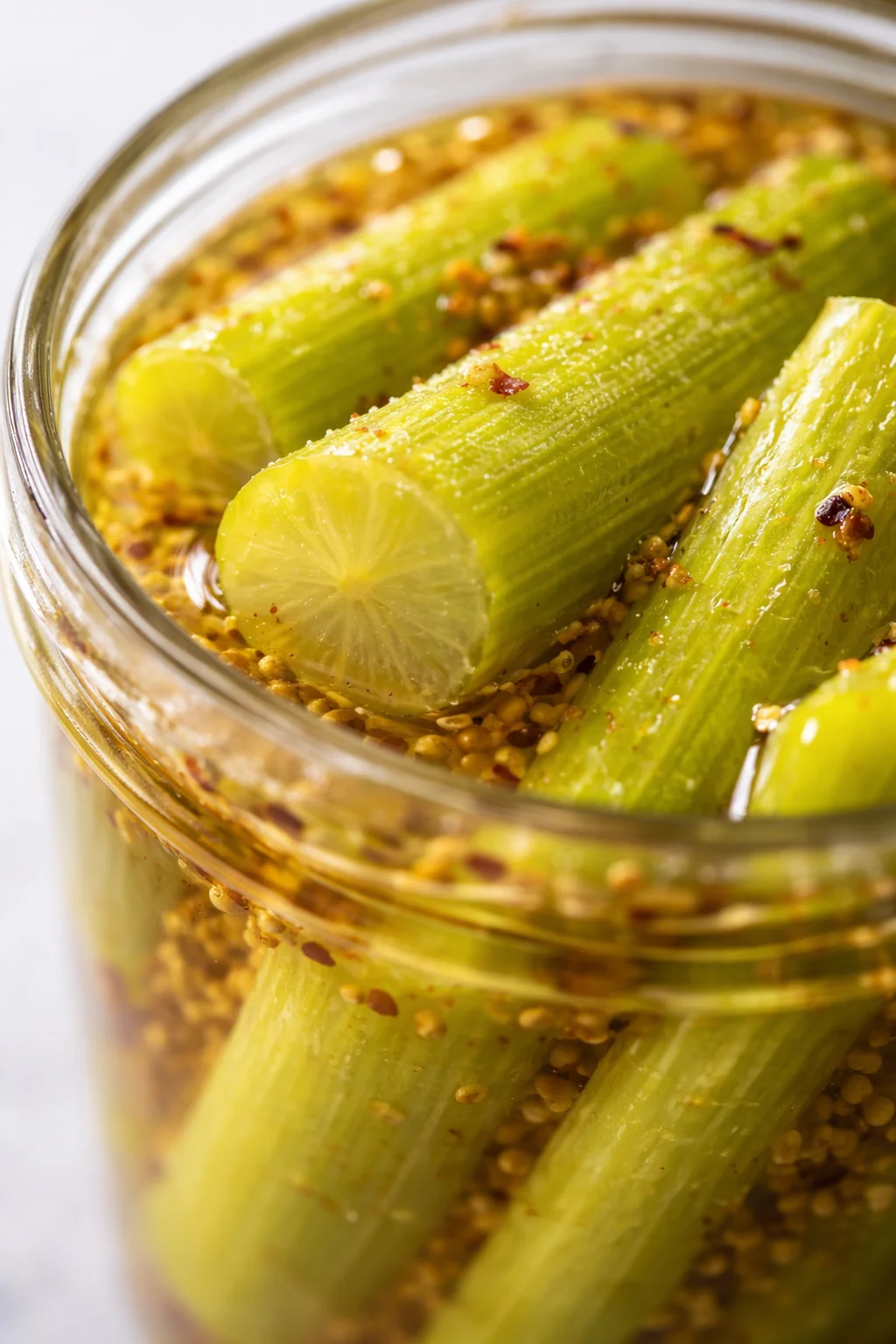 Close-up of bright green cucumber spears soaking in briny pickle with mustard seeds in a glass jar.