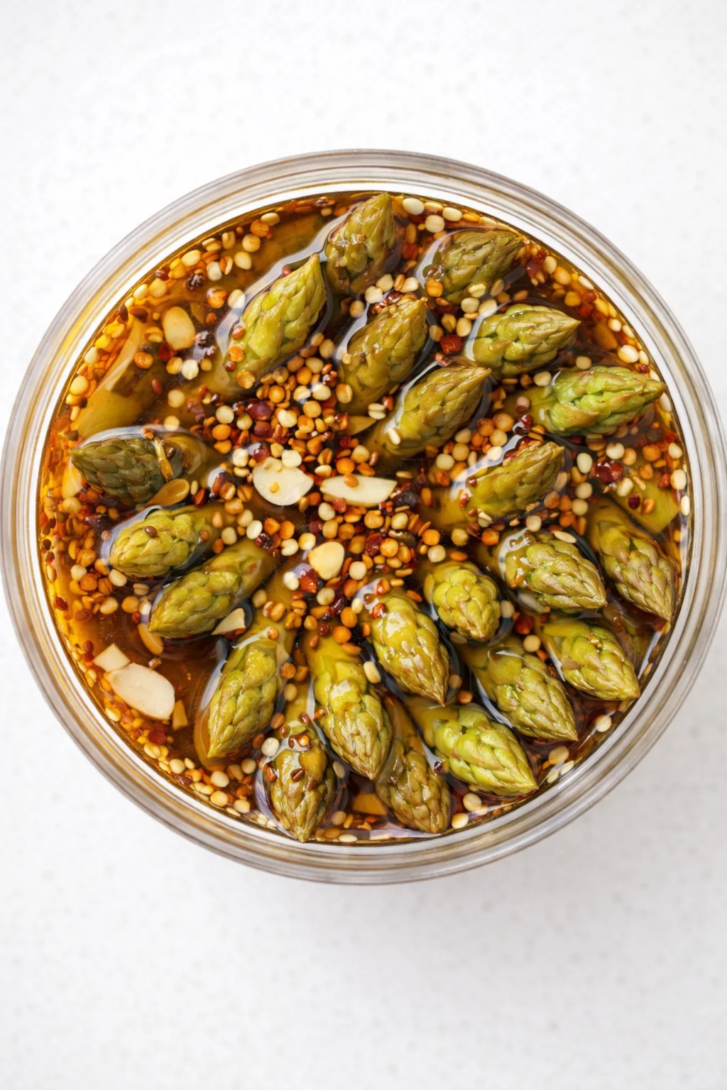 Top-down view of green asparagus marinated in chili oil with sesame seeds in a glass jar.