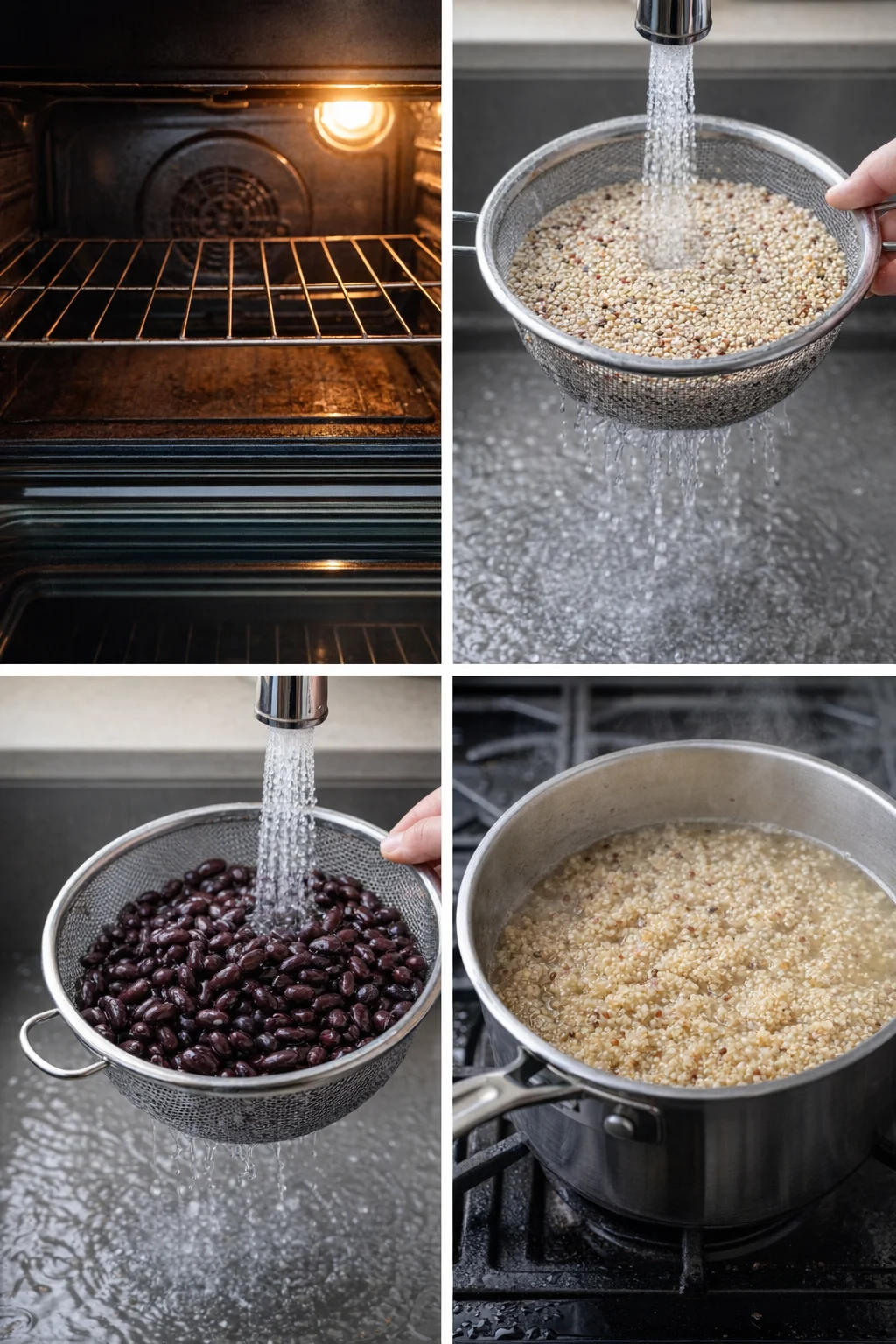 Sifter of quinoa being rinsed under cold water next to drained black beans and saucepan