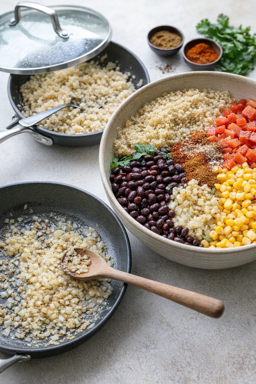 Hand fluffing quinoa with fork beside skillet of sautéed onions and bowl of mixed ingredients