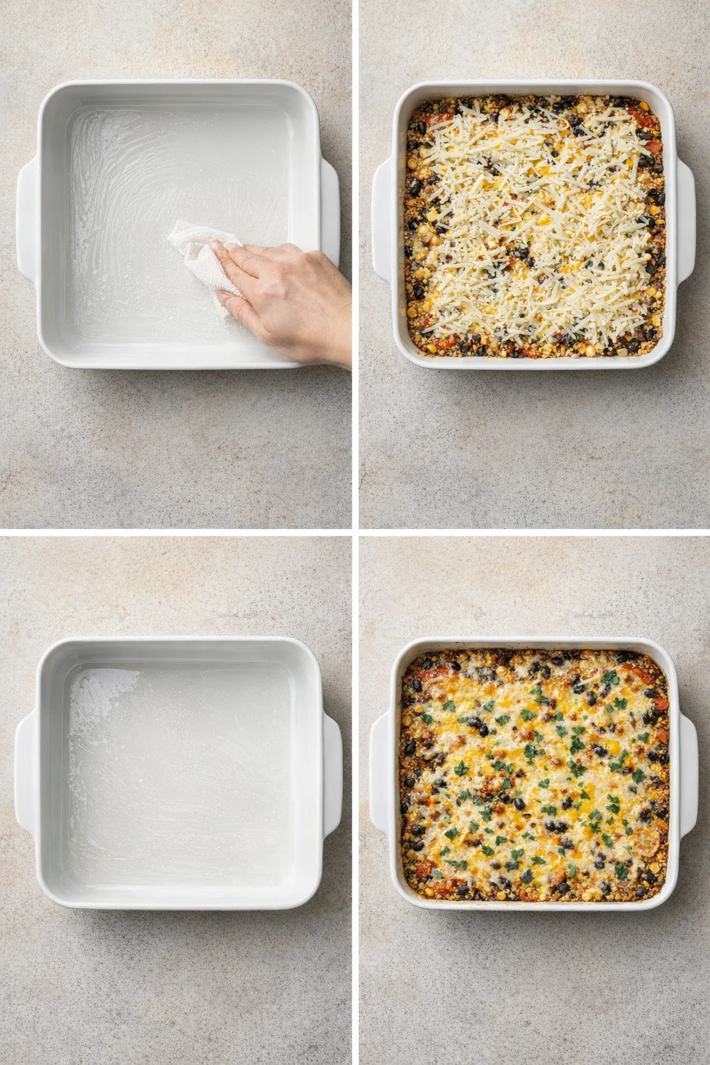 Mixture spooned into greased nine by thirteen baking dish, evenly topped with shredded cheese