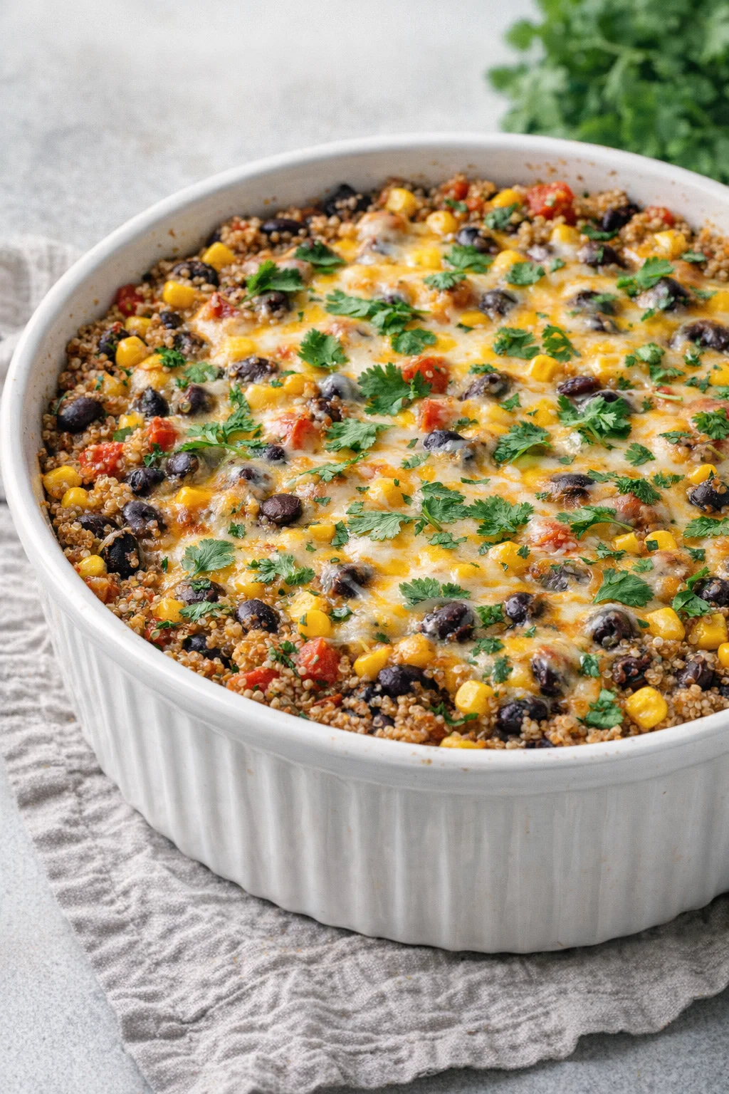 Baked casserole resting in dish with melted golden cheese and fresh cilantro garnish