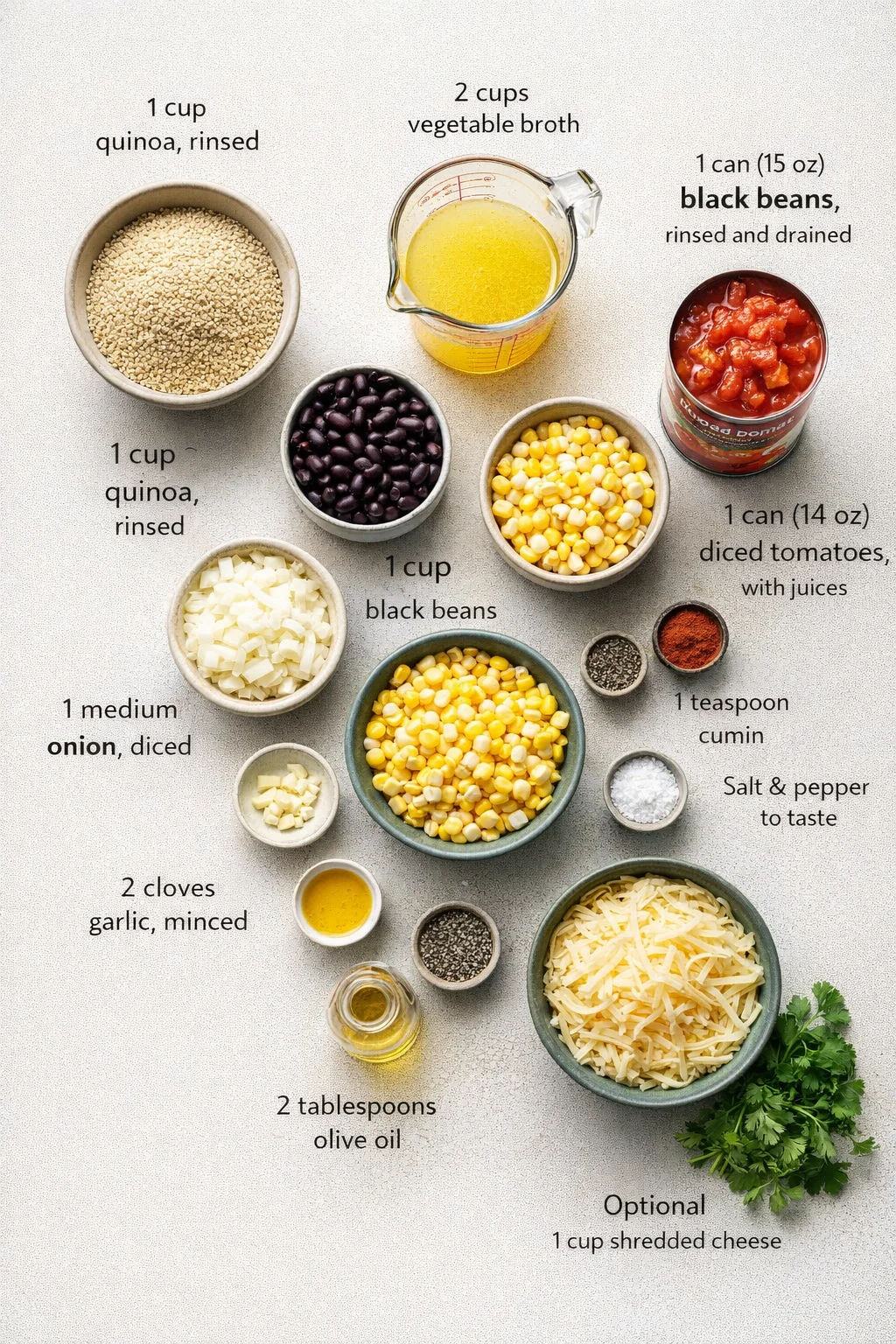Measured ingredients arranged for Quinoa and Black Bean Casserole Recipe: 1 cup quinoa, rinsed, 2 cups vegetable broth, 1 can (15 oz) black beans, rinsed and drained, 1 can (14 oz) diced tomatoes, with juices, 1 cup corn