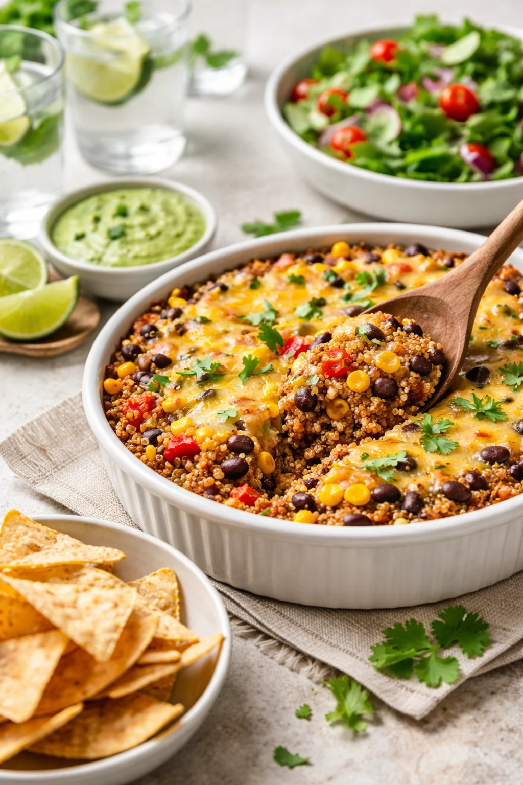 Alternative angle of Quinoa and Black Bean Casserole Recipe served with a pairing