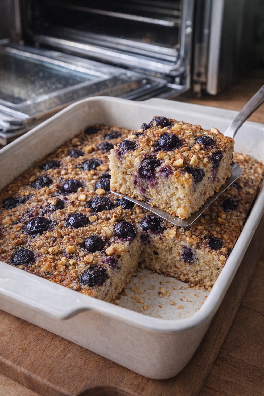 Quinoa mixture spread evenly in greased baking dish, topped with nuts, cooling slightly after baking.