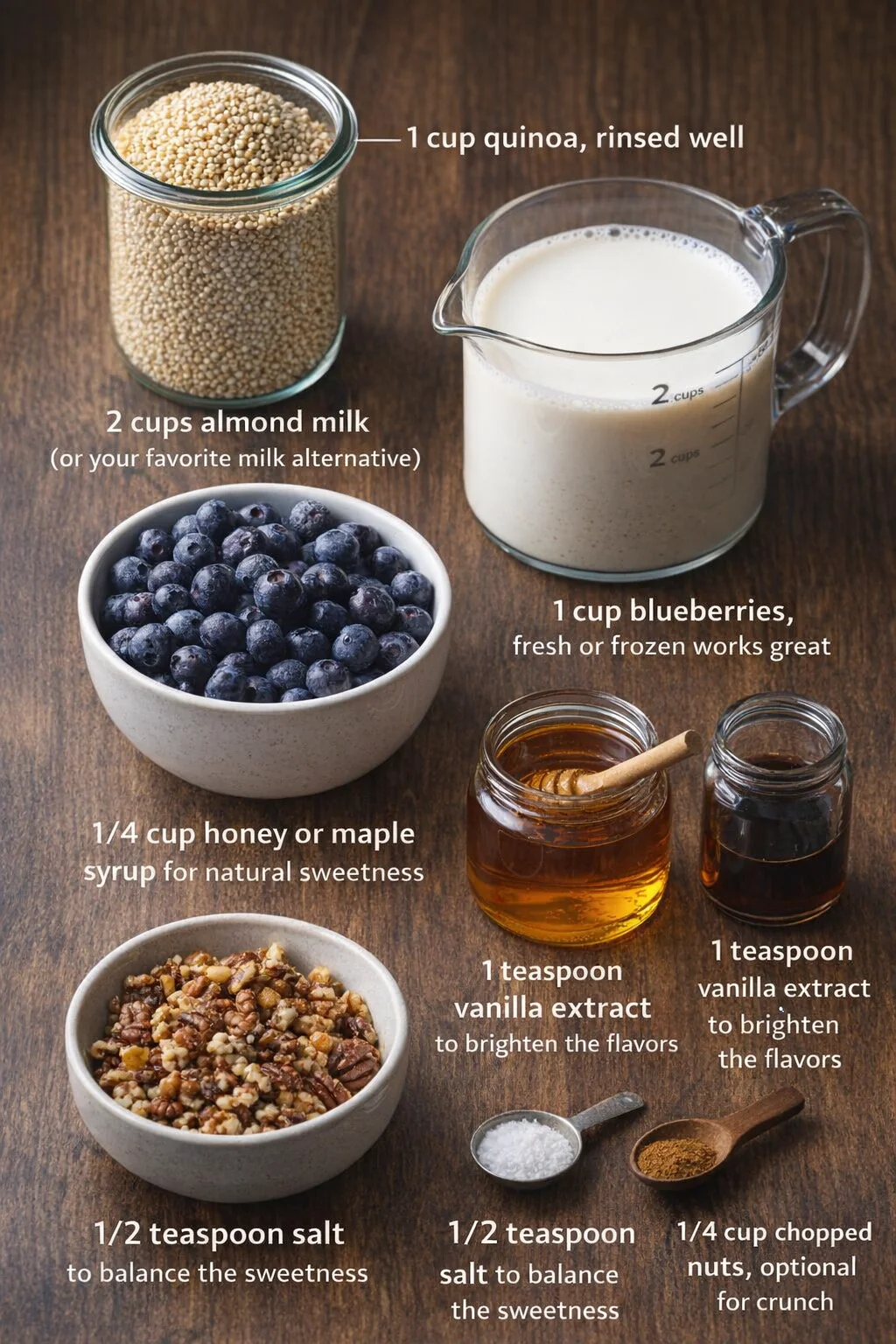 ingredients-placeholder.png Measured ingredients arranged for Wholesome Blueberry Quinoa Breakfast Bake – Mix Recipes Finds: 1 cup quinoa, rinsed well, 2 cups almond milk (or your favorite milk alternative), 1 cup blueberries, fresh or frozen works