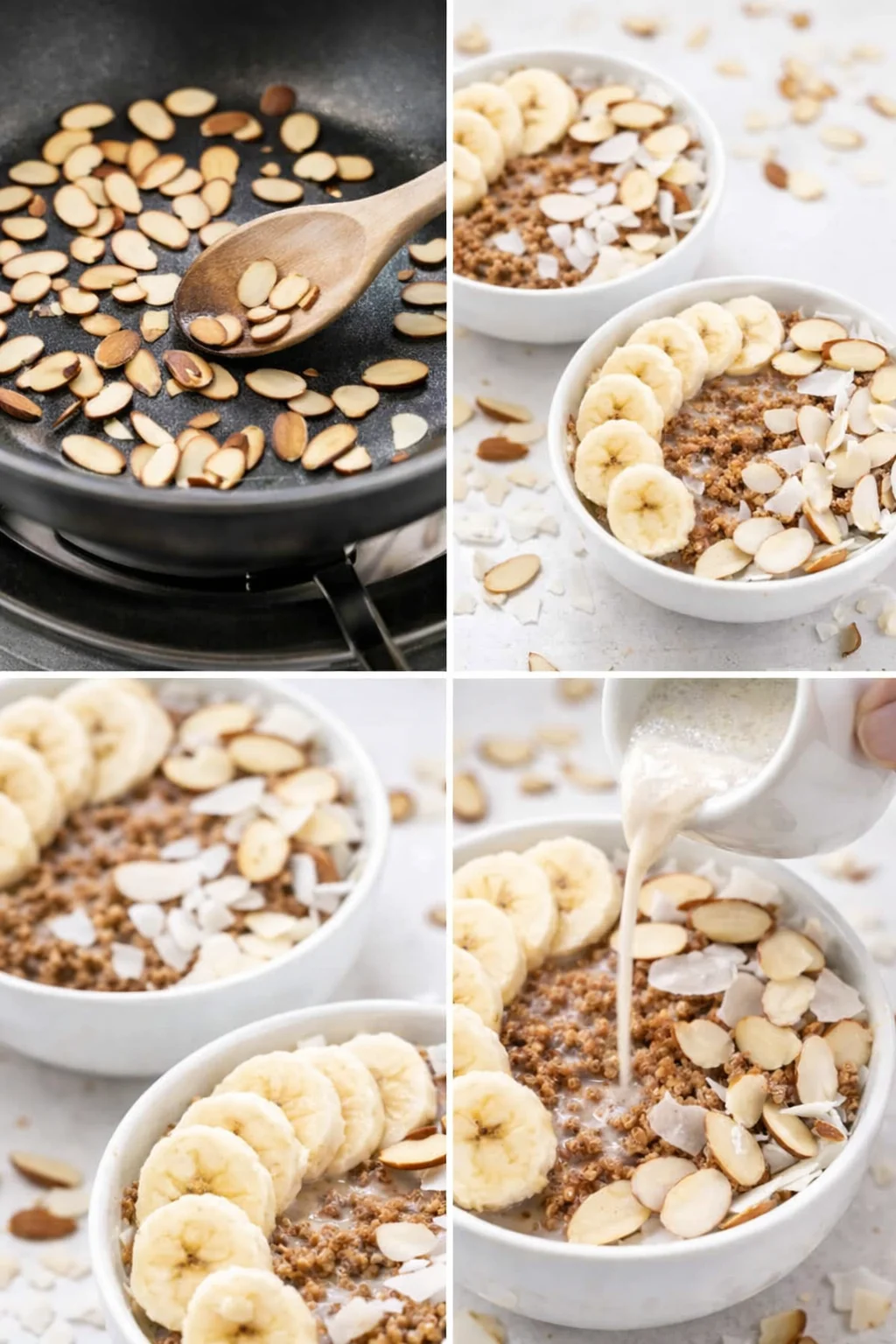 Breakfast bowl topped with sliced banana, toasted almonds, and coconut flakes over quinoa