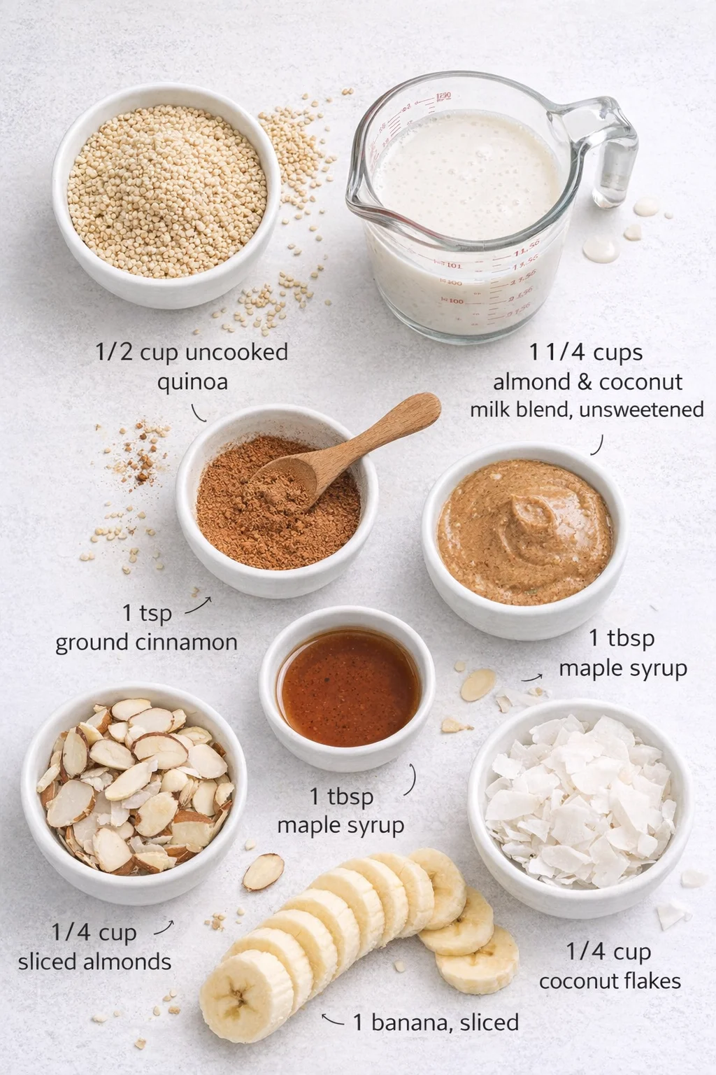 ingredients-placeholder.png Measured ingredients arranged for Quinoa Breakfast Bowls: 1/2 cup uncooked quinoa, 1 1/4 cups almond and coconut milk blend, unsweetened, 1 teaspoon ground cinnamon, 1 tablespoon maple syrup, 1 tablespoon almond butter,