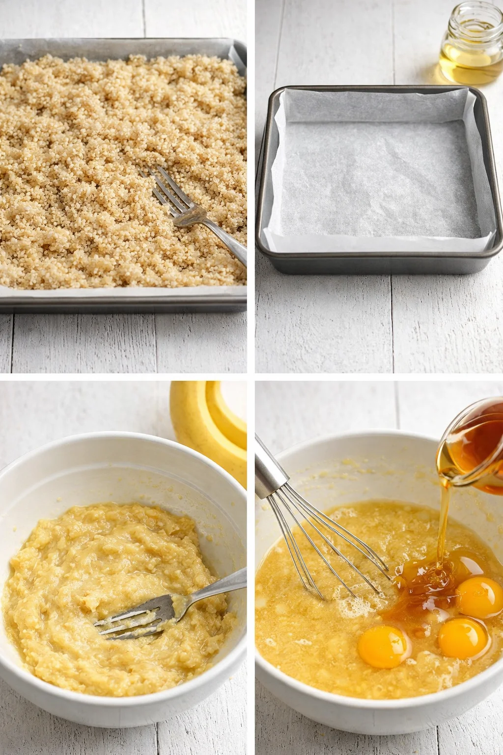 Cooked quinoa spread thin to cool while mashed bananas and whisked egg-honey mixture sit nearby.
