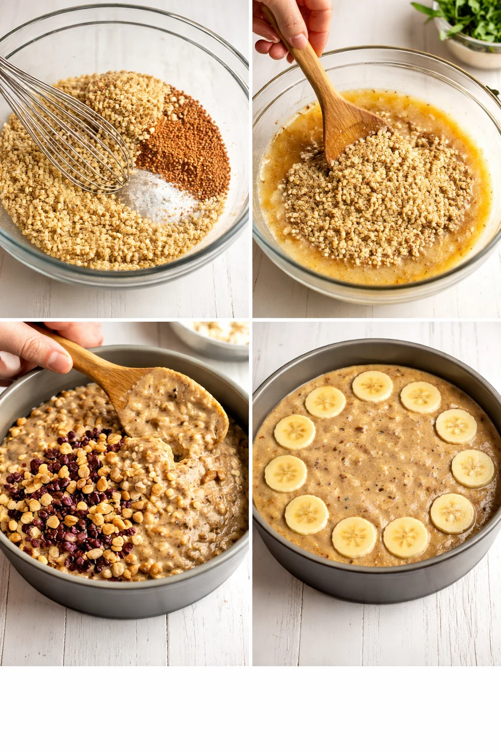 Thick quinoa batter with chopped nuts and dried fruit being poured into prepared pan and smoothed.