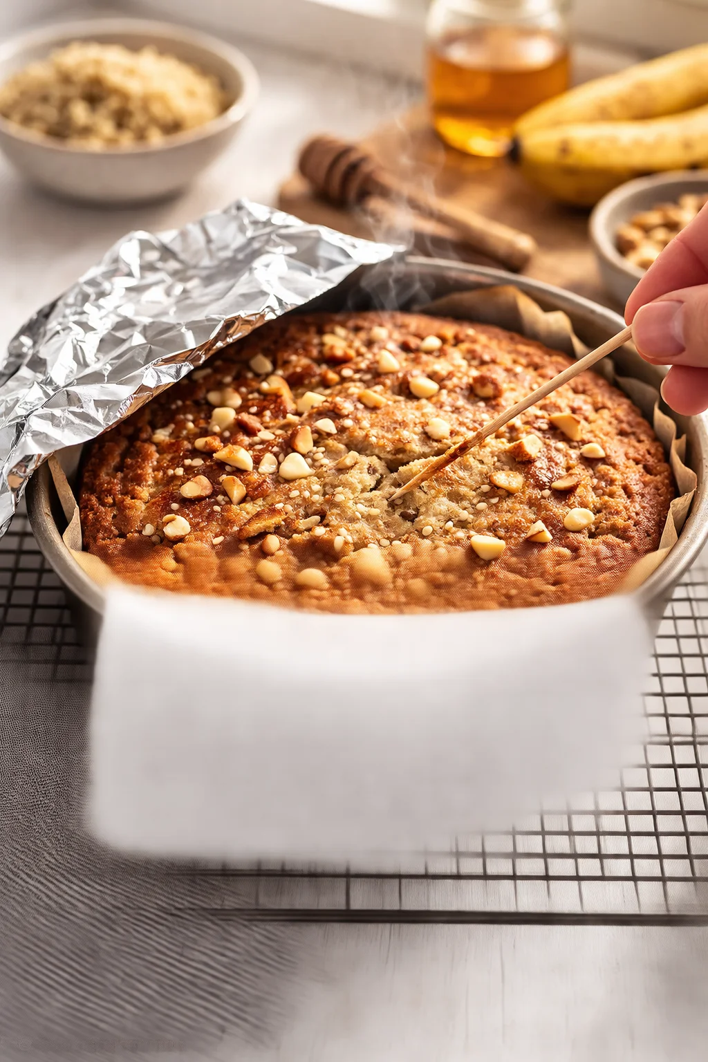 Golden quinoa breakfast cake cooling in pan, steam rising, knife nearby ready for slicing.