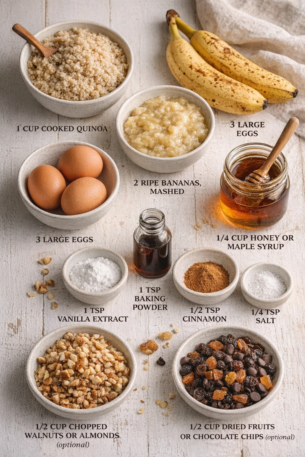 Measured ingredients arranged for Nutritious Quinoa Breakfast Cake Recipe -: 1 cup cooked quinoa, 2 ripe bananas, mashed, 3 large eggs, 1/4 cup honey or maple syrup, 1 teaspoon vanilla extract, 1 teaspoon baking powder