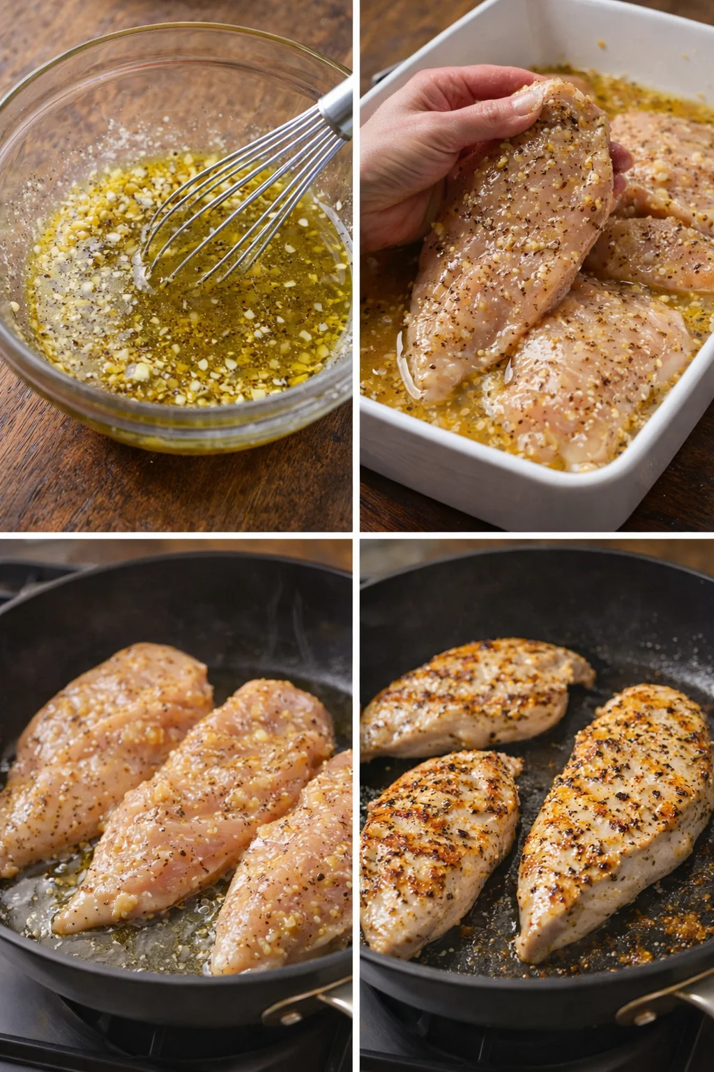Whisked lemon-garlic marinade in bowl and a chicken breast searing golden in skillet
