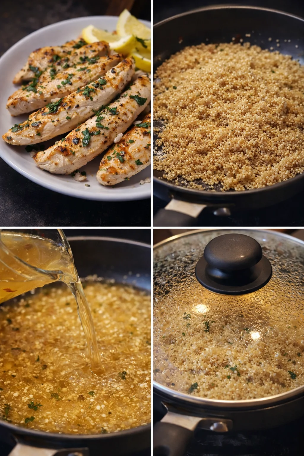 Rinsed quinoa toasting in skillet as chicken broth is poured in, bubbles forming at edge
