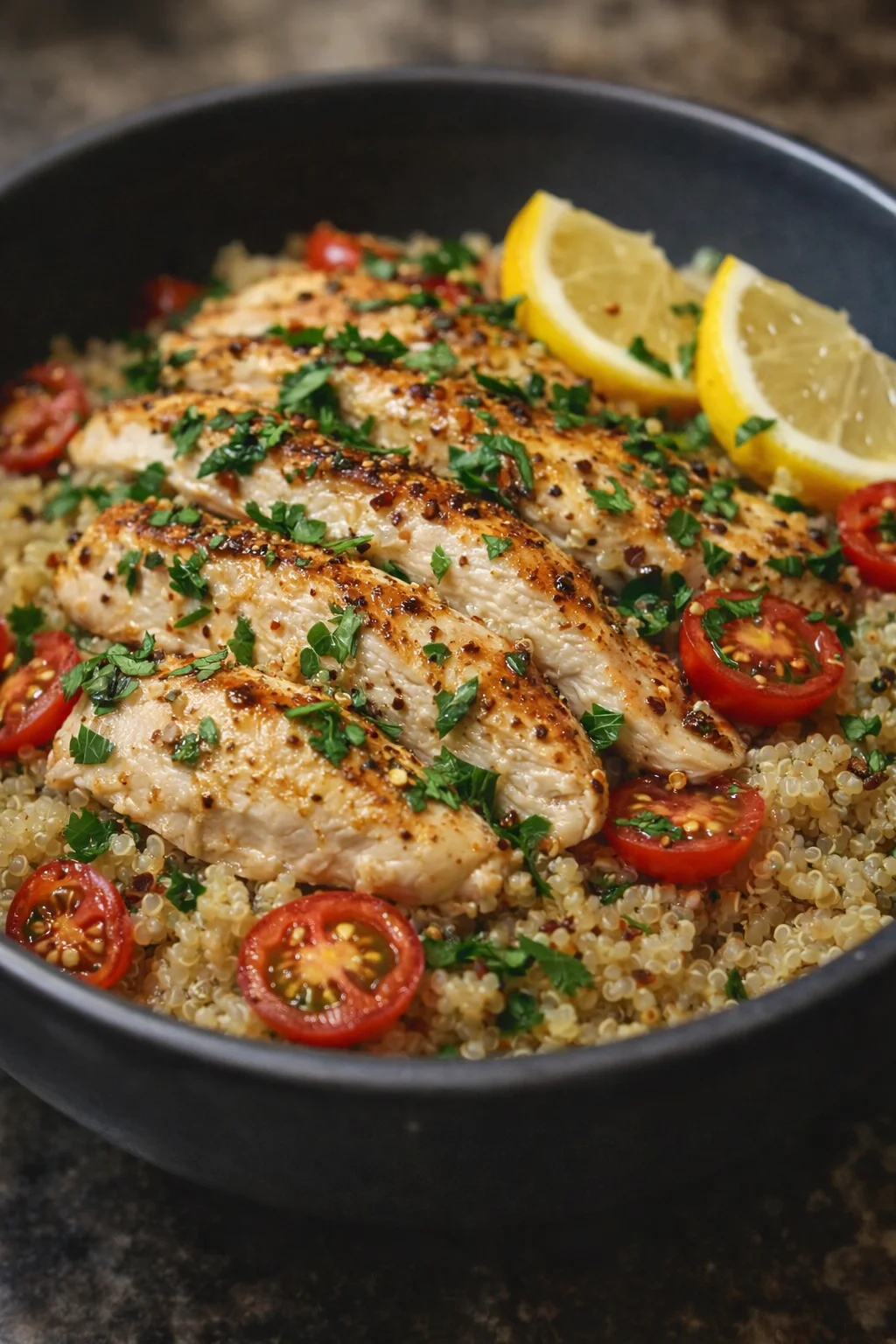 Cooked chicken breasts nestled atop fluffy quinoa, sprinkled with chopped parsley and halved cherry tomatoes