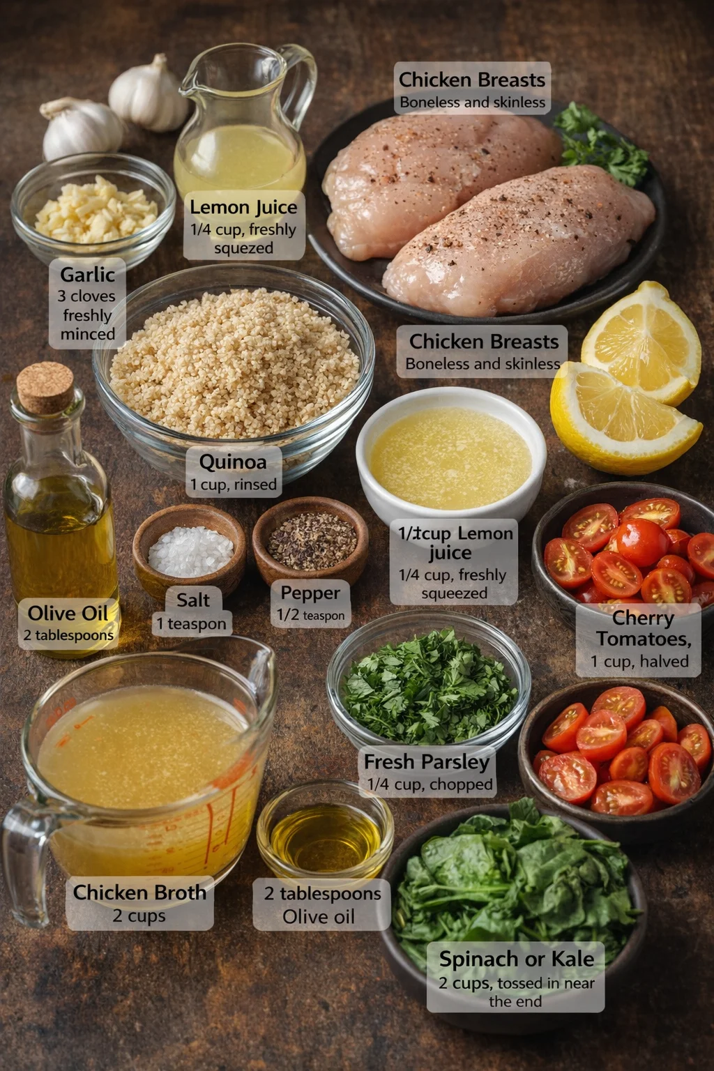 Measured ingredients arranged for Easy Garlic Lemon Chicken Quinoa That Bursts With Flavor: 2 pieces Chicken breasts (Boneless and skinless), 3 cloves Garlic (Freshly minced), 1/4 cup Lemon juice (Freshly squeezed), 2 ta