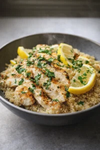 Final plated Easy Garlic Lemon Chicken Quinoa That Bursts With Flavor served as a hero shot