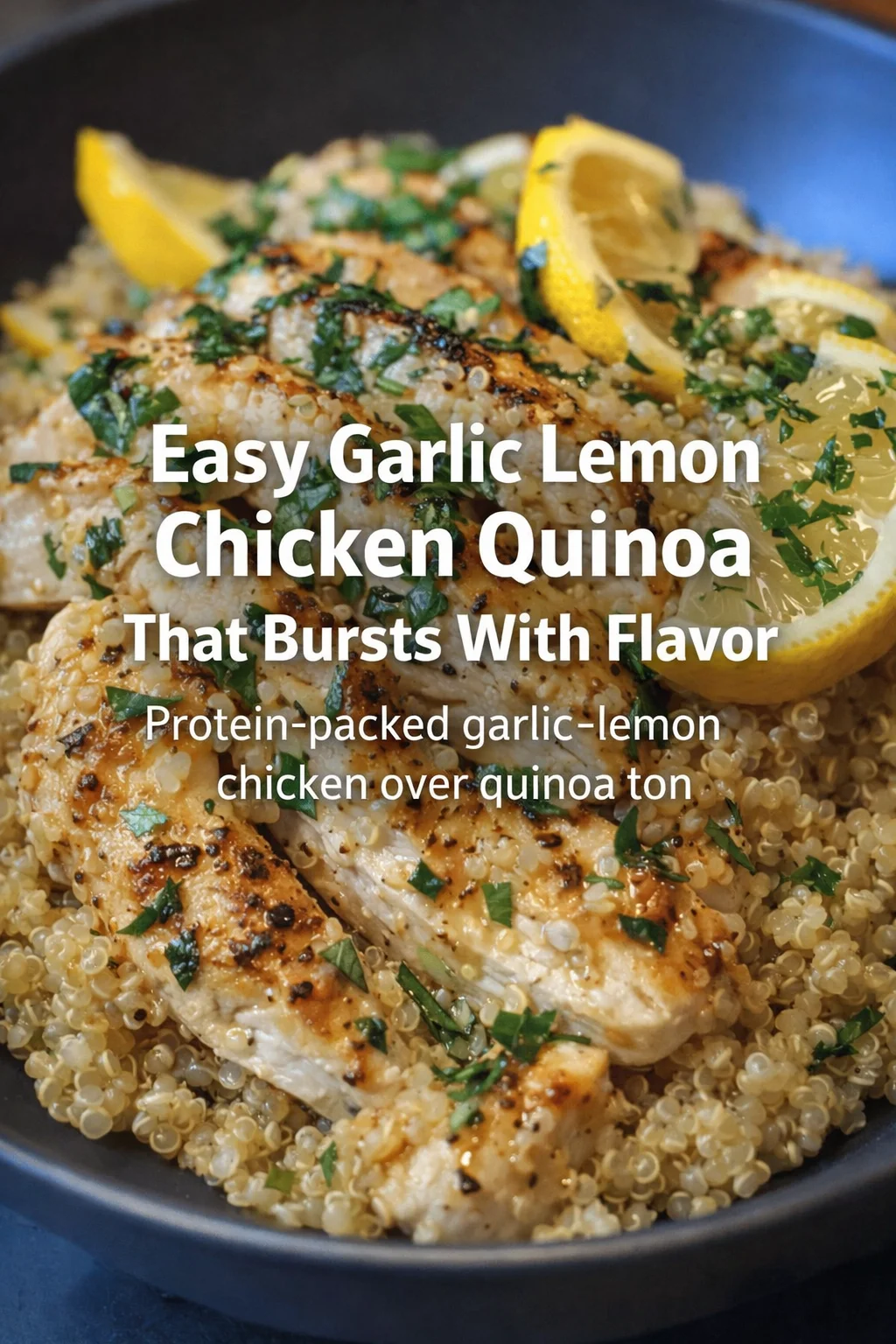 Pinterest-style image for Easy Garlic Lemon Chicken Quinoa That Bursts With Flavor with centered text overlay