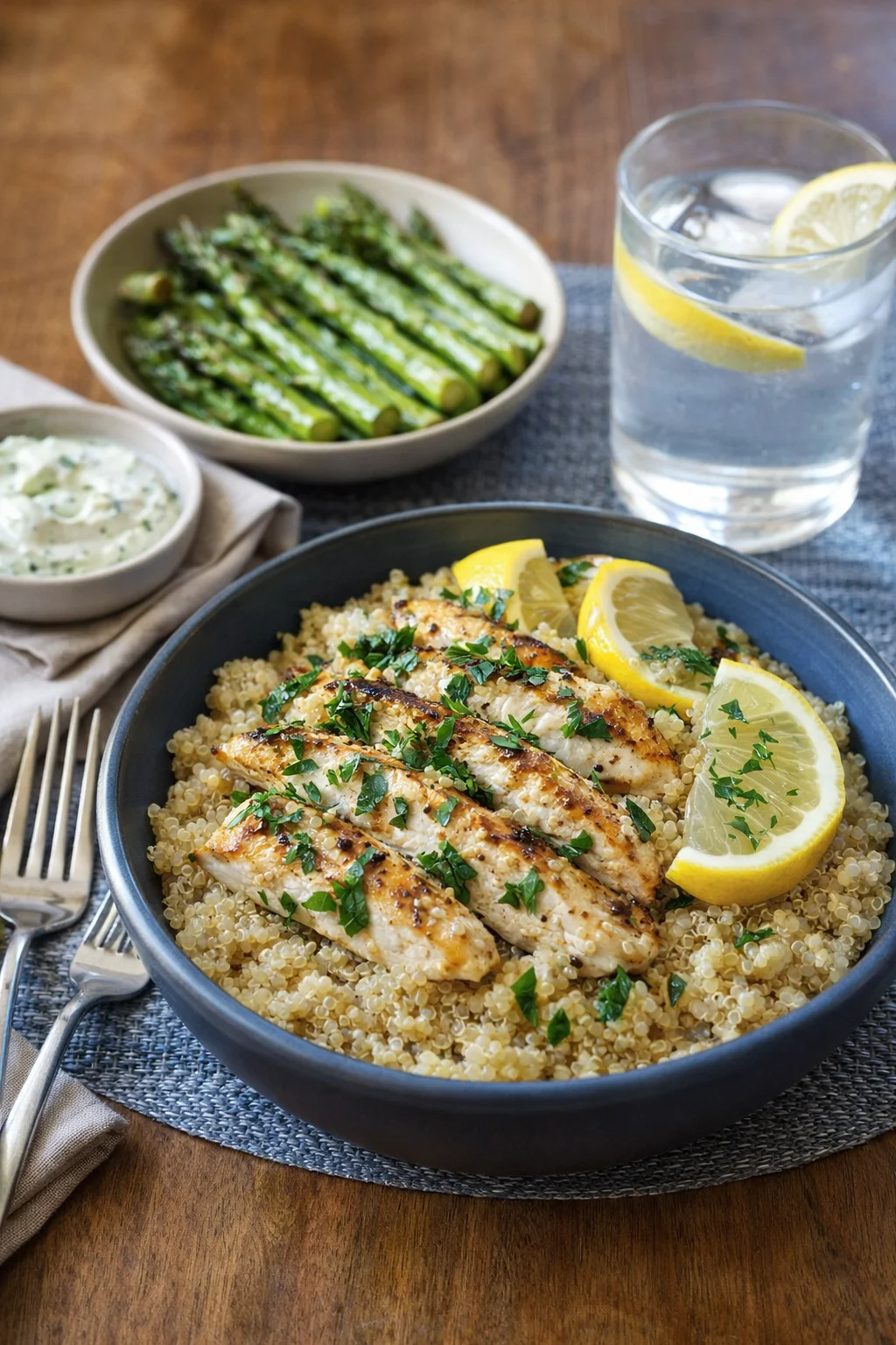 Alternative angle of Easy Garlic Lemon Chicken Quinoa That Bursts With Flavor served with a pairing