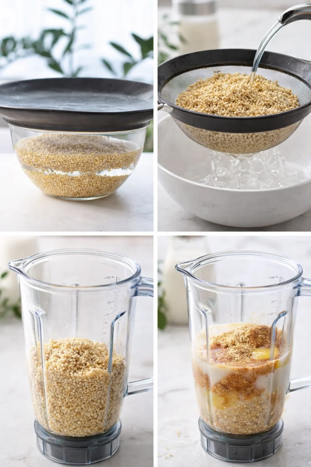 Blender jar filled with drained quinoa, flaxseed, almond milk, maple syrup, and cinnamon being added.