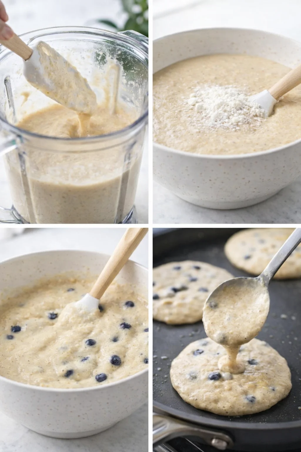 Smooth quinoa batter pouring from blender into bowl, baking powder and berries ready to fold in.