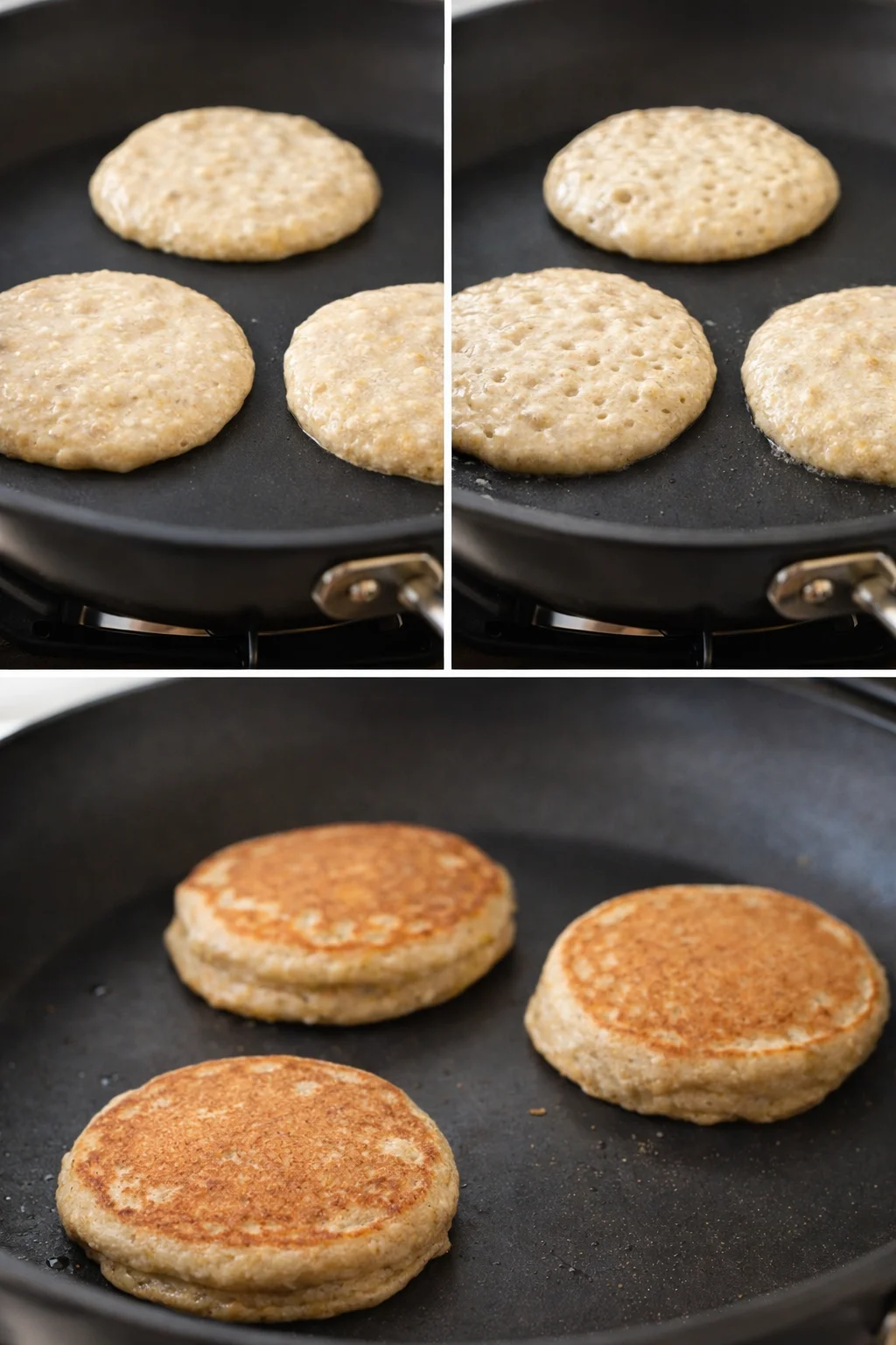 Three-tablespoon pancake batter dropped onto hot griddle, bubbles forming on top before flipping.