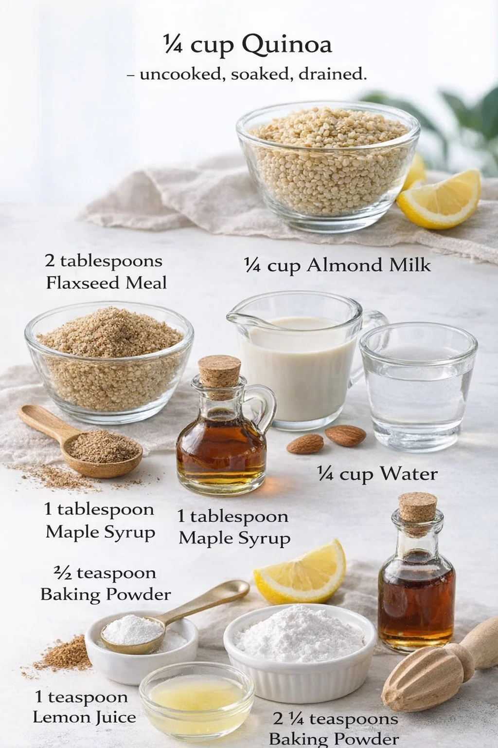 Measured ingredients arranged for Quinoa Pancakes: ½ cup Quinoa - uncooked, soaked, drained, 2 tablespoons Flaxseed Meal, ¼ cup Almond Milk, ¼ cup Water, 1 tablespoon Maple Syrup, ½ teaspoon Cinnamon