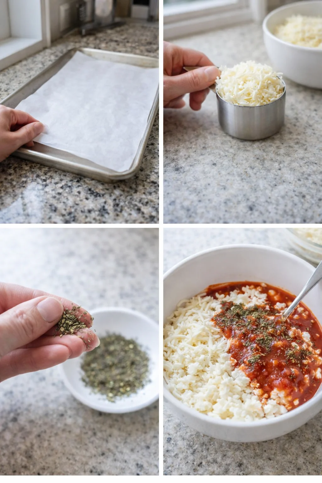 Hands packing shredded mozzarella into a measuring cup beside a bowl of cottage cheese and sauce being stirred.