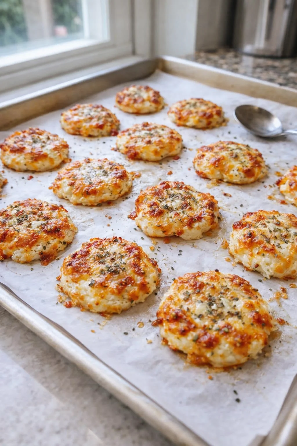 Small scoops of cheese mixture spaced on a parchment-lined sheet, being gently flattened with the back of a spoon.