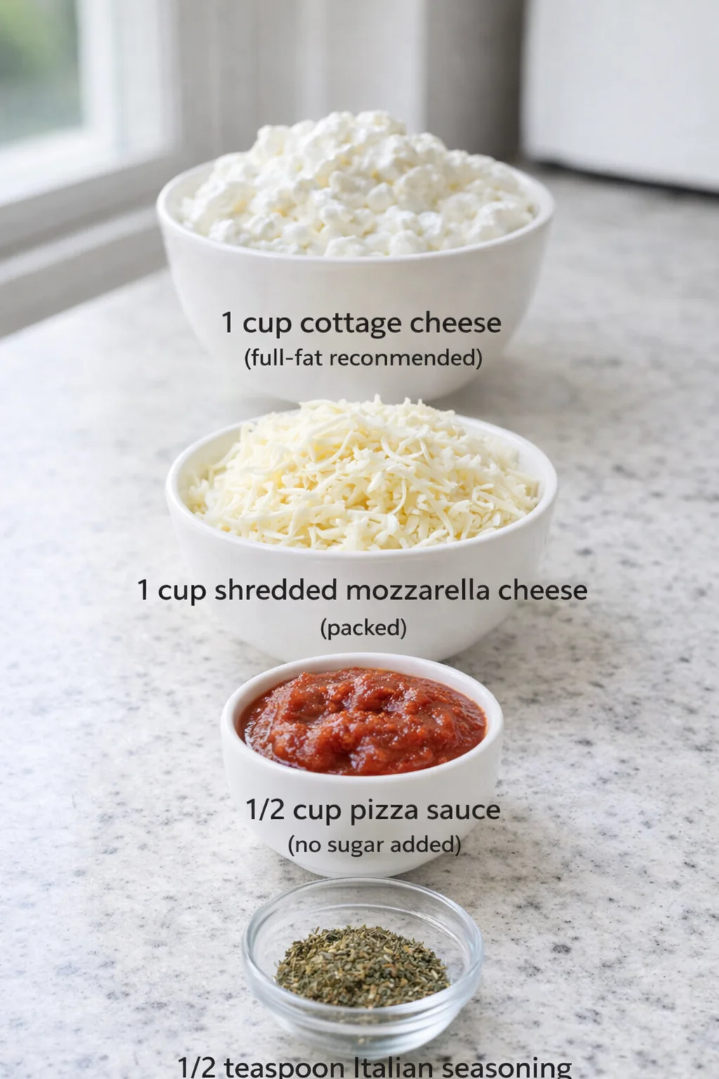 Measured ingredients arranged for 30-Minute Cottage Cheese Pizza Bites Your Kids Will Devour: 1 cup cottage cheese (full-fat recommended), 1 cup shredded mozzarella cheese (packed), 1/2 cup pizza sauce (no sugar added), 