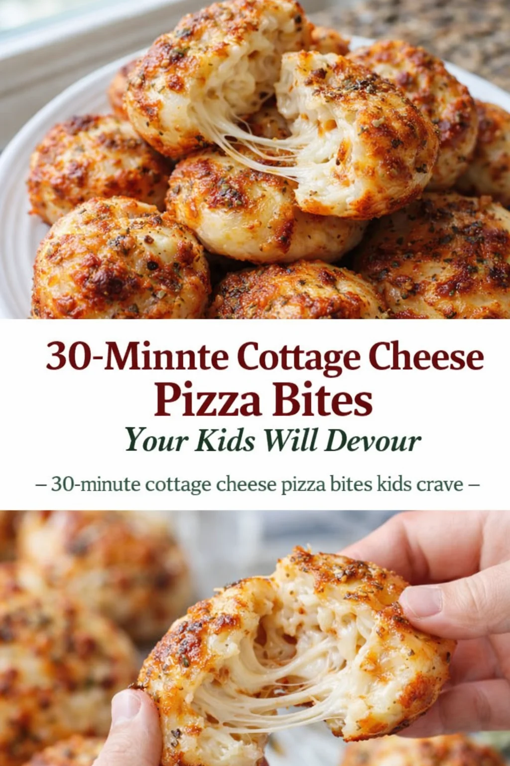 Pinterest-style image for 30-Minute Cottage Cheese Pizza Bites Your Kids Will Devour with centered text overlay