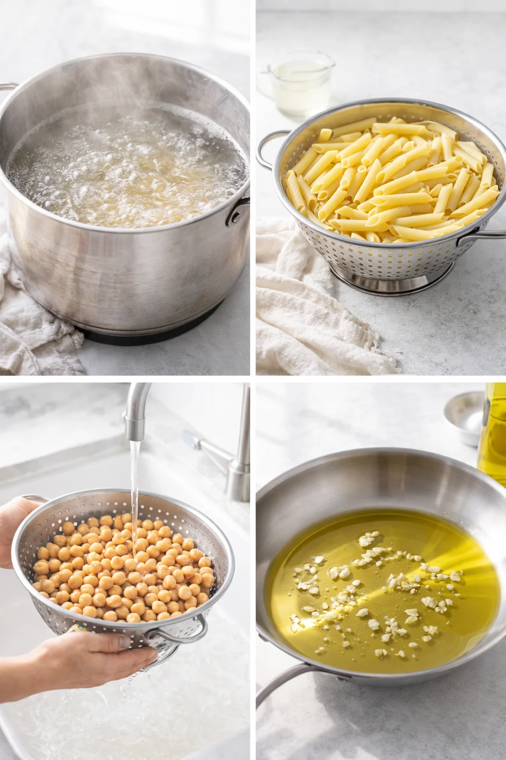 Boiling pot on stove with cooked pasta draining, rinsed chickpeas in colander, oil heating in pan
