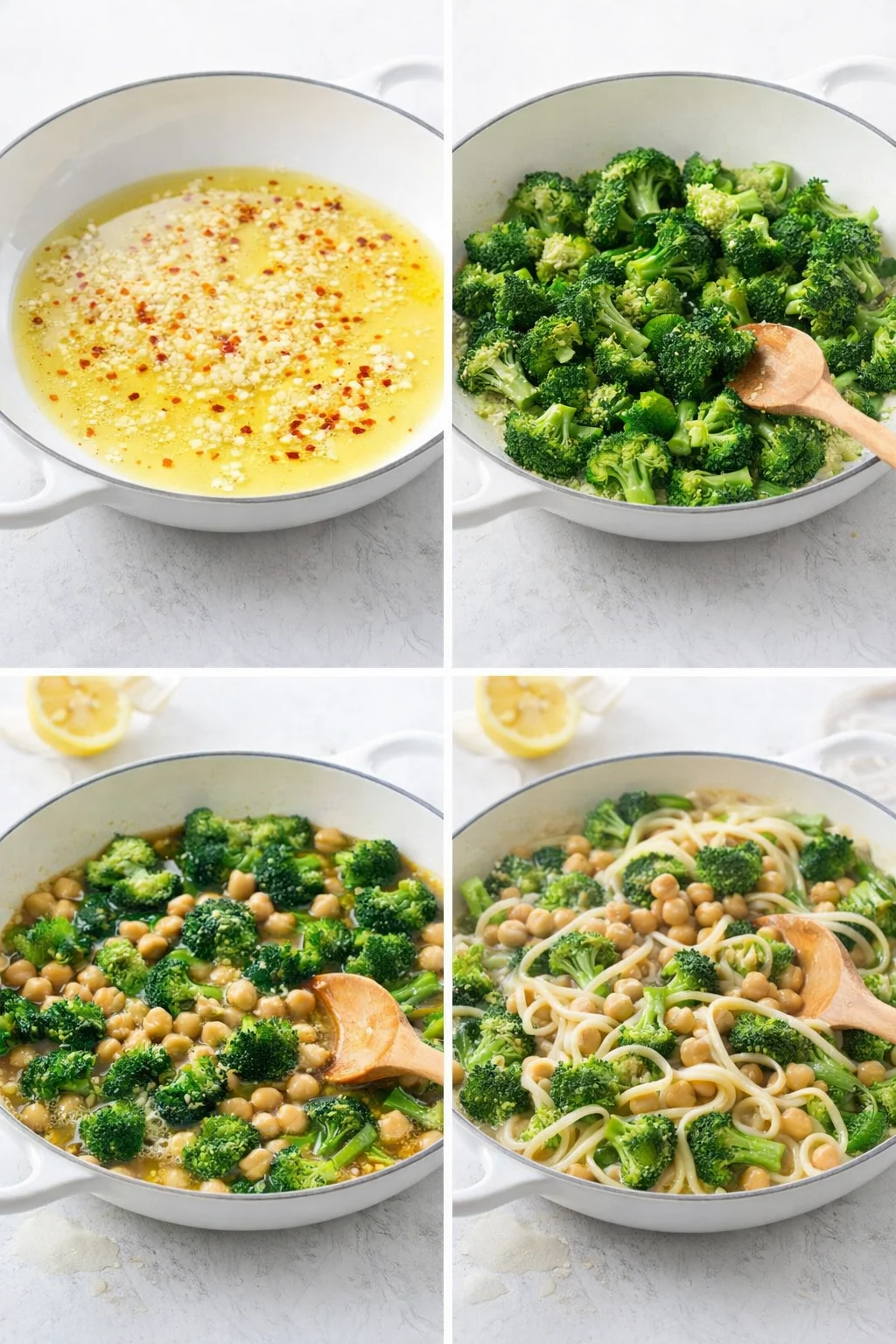 Skillet tossed with garlic and red pepper flakes, bright green broccoli, chickpeas, lemony broth, and pasta