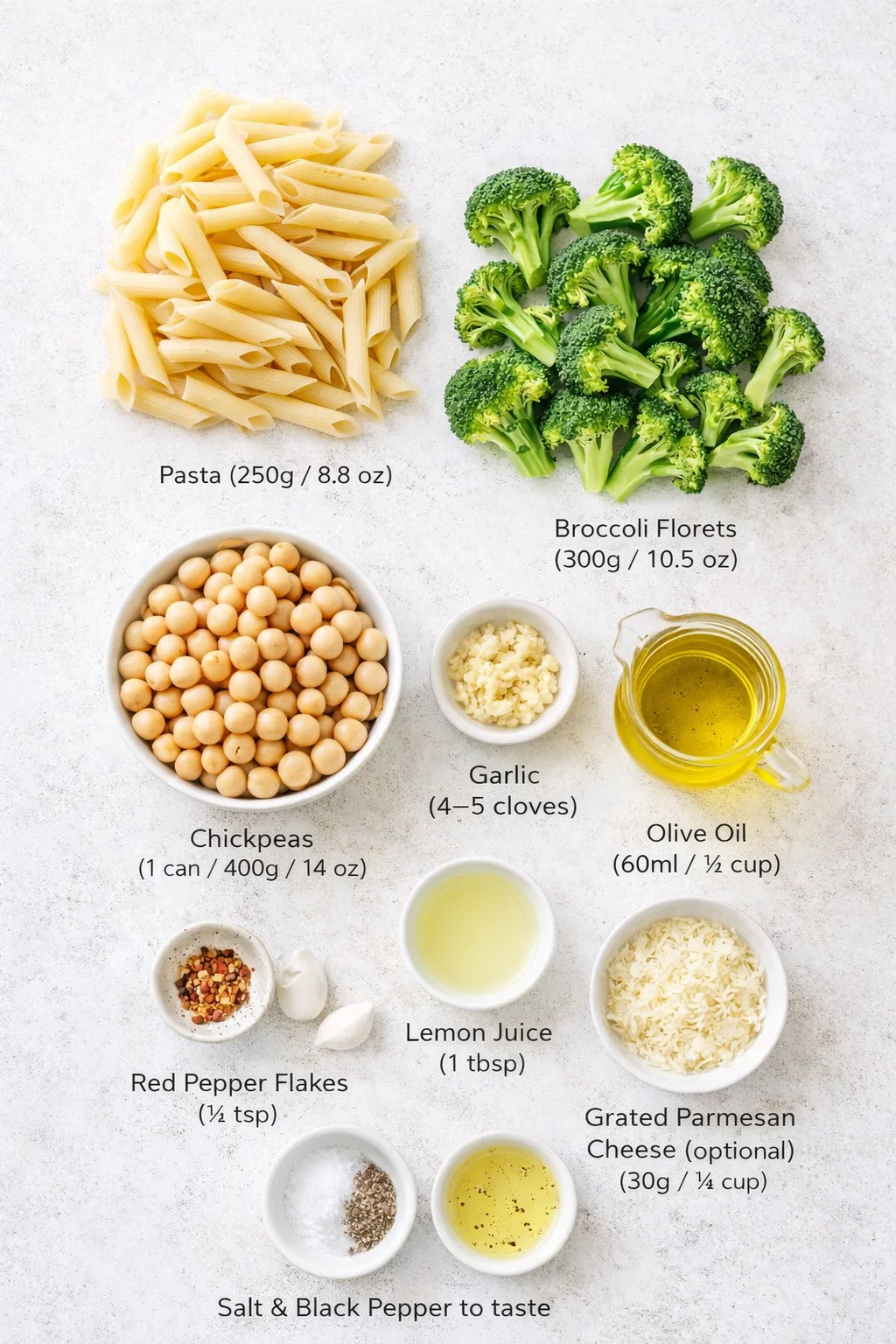 Measured ingredients arranged for Broccoli Chickpea Pasta with Garlic Olive Oil: 250g (8.8 oz) Pasta — penne, rotini, fusilli, whichever you like best!, 300g (10.5 oz) Broccoli Florets — fresh or frozen, 1 can (400g / 14