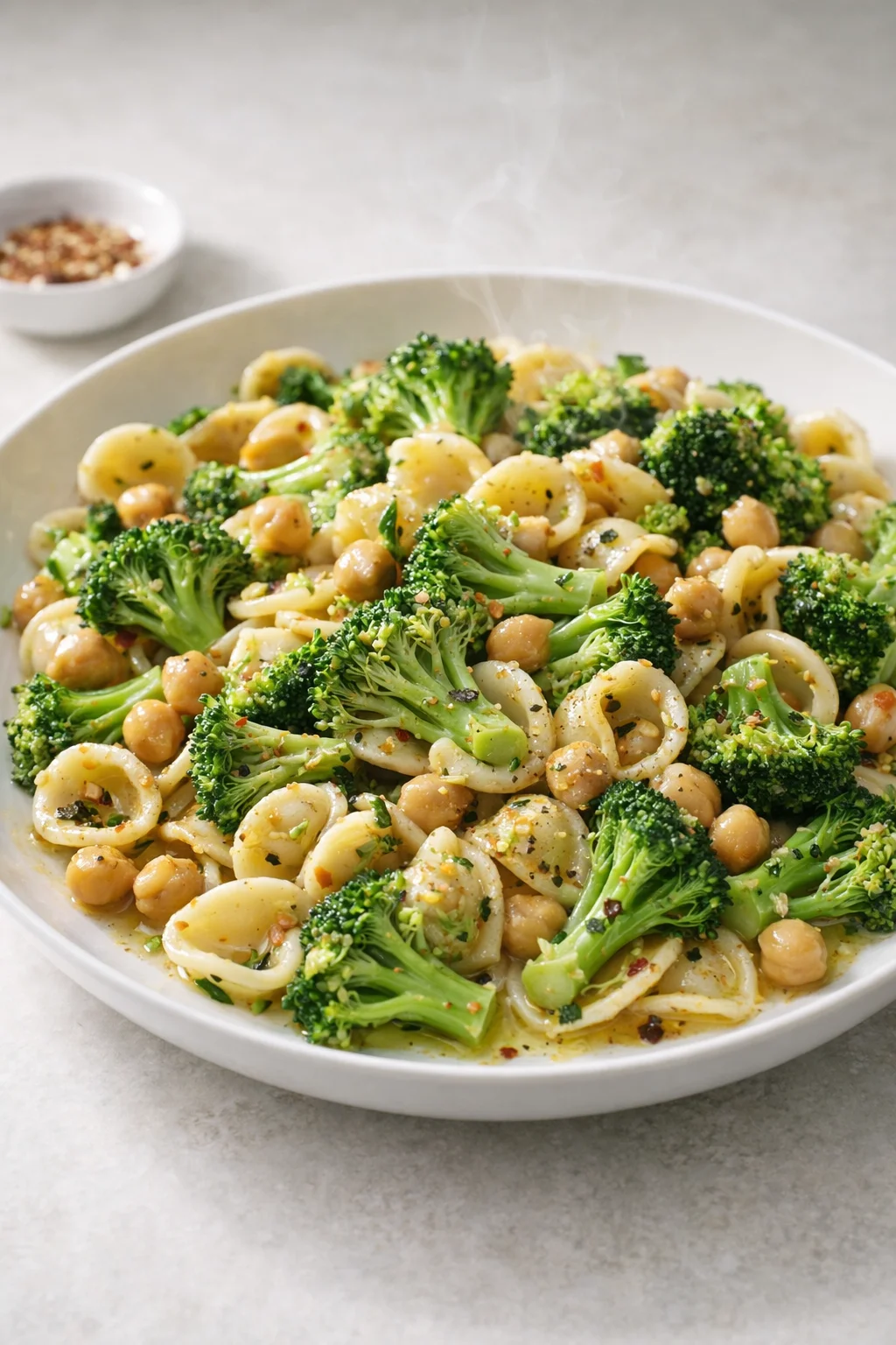 Final plated Broccoli Chickpea Pasta with Garlic Olive Oil served as a hero shot