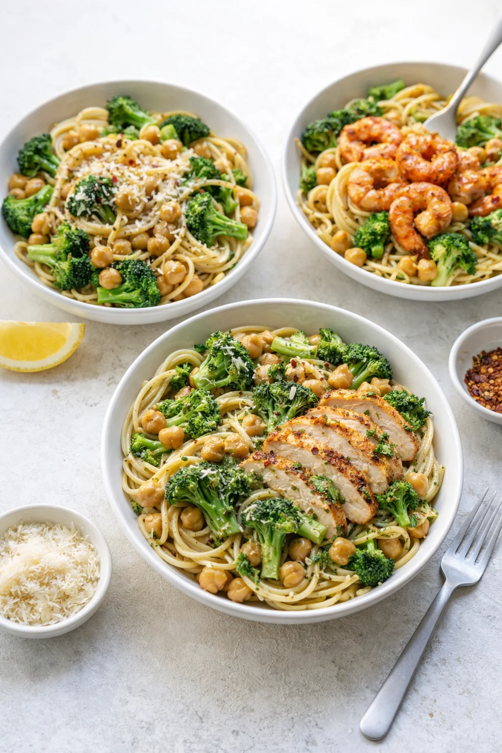 Variation ideas for Broccoli Chickpea Pasta with Garlic Olive Oil shown in a styled layout