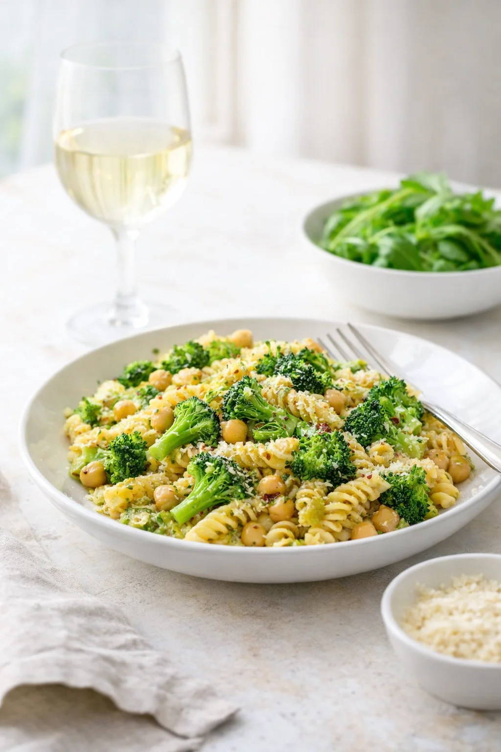 Alternative angle of Broccoli Chickpea Pasta with Garlic Olive Oil served with a pairing