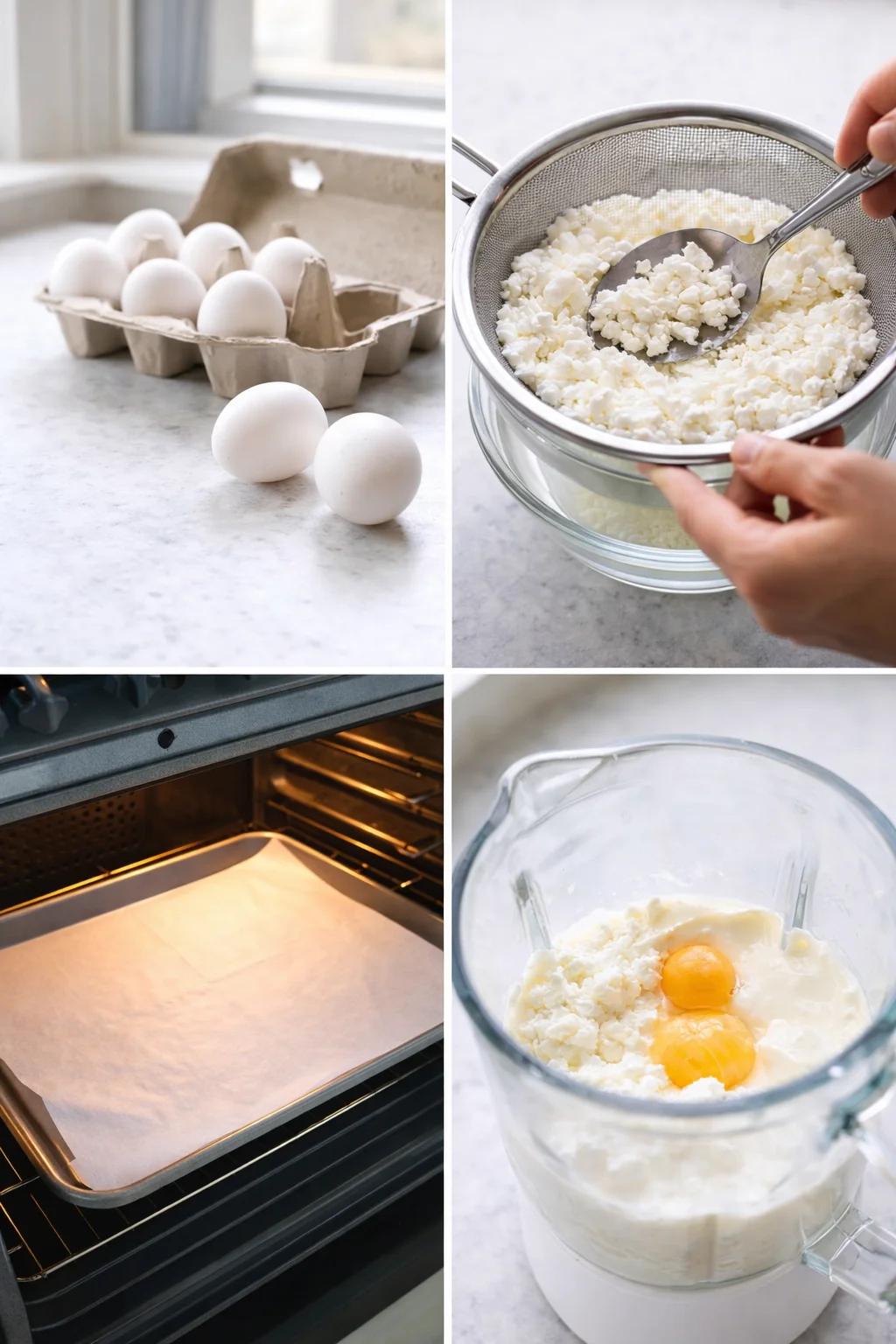 step-process-placeholder-1-4.png Eggs on countertop, drained cottage cheese beside blender filled with smooth creamy batter.