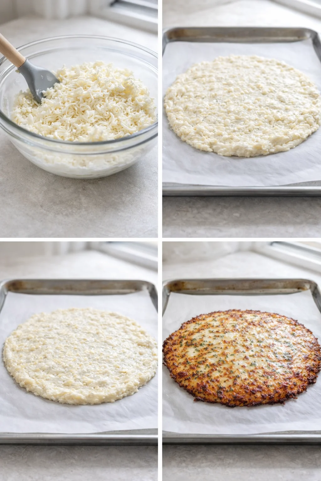 step-process-placeholder-5-8.png Spatula spreading mozzarella-folded batter into thin round crust on parchment-lined baking sheet.