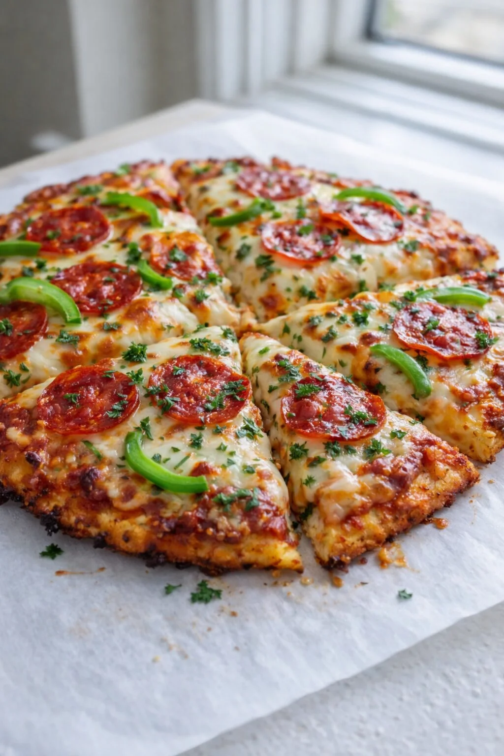 step-process-placeholder-9-10.png Hot pizza with melted cheese and toppings being sliced on serving board, steam visible.