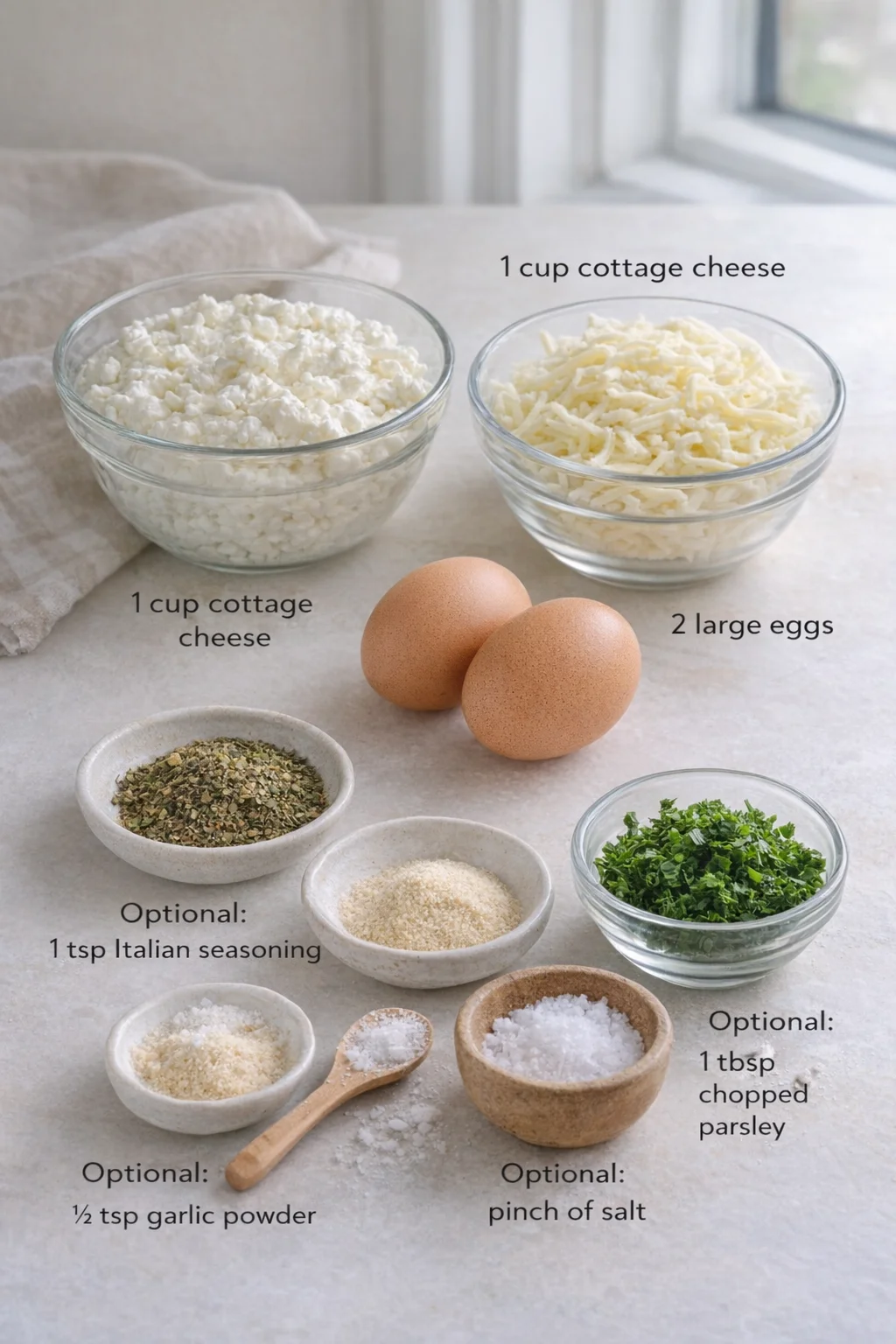 ingredients-placeholder.png Measured ingredients arranged for 3-Ingredient Cottage Cheese Pizza Crust: Quick & Easy!: 1 cup cottage cheese (Choose small-curd cottage cheese and drain well if it’s watery.), 1 cup shredded mozzarella cheese (Whole-mi
