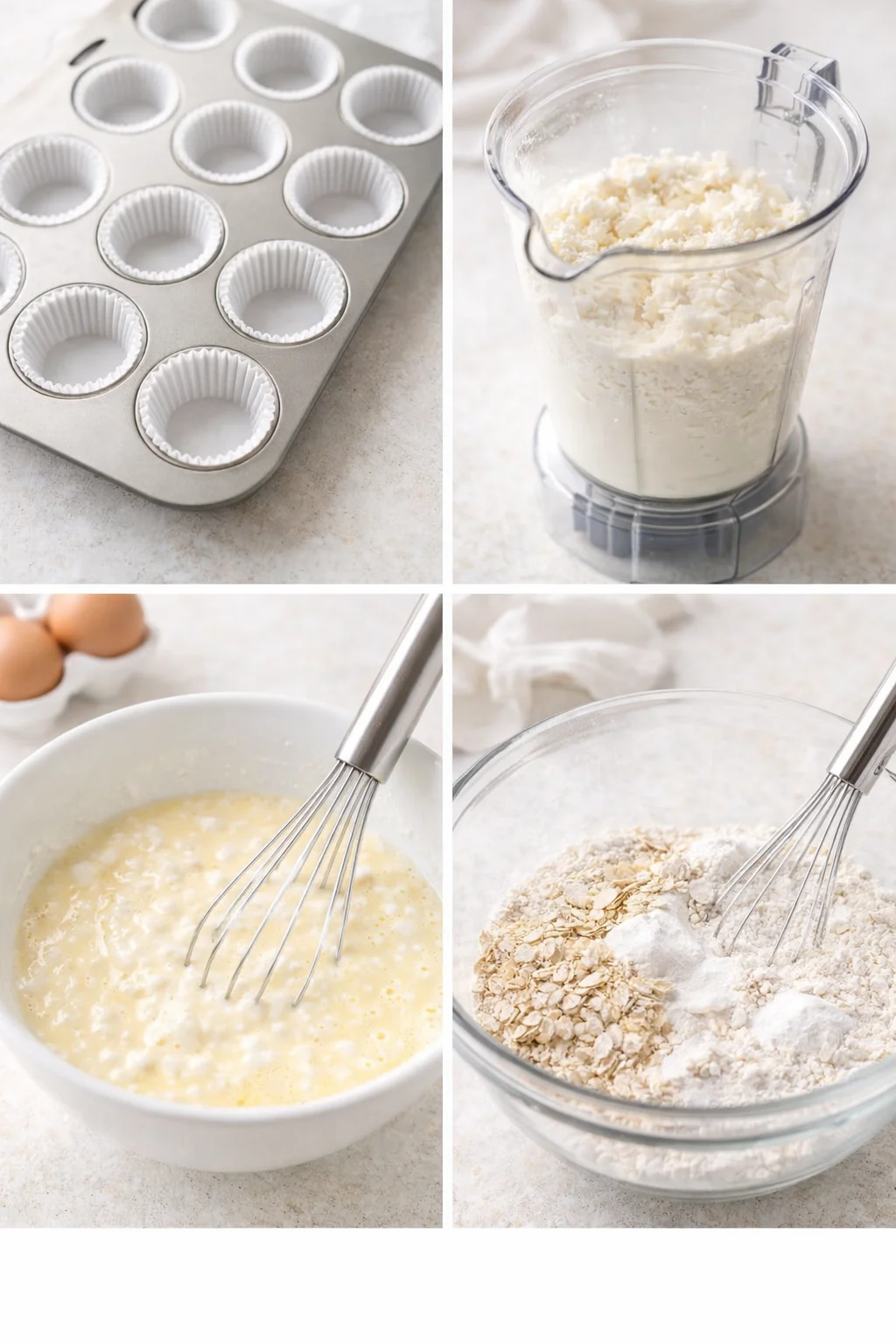 step-process-placeholder-1-4.png Lined 12-cup muffin pan, blender cup with pulsed cottage cheese, wet and dry ingredient bowls.