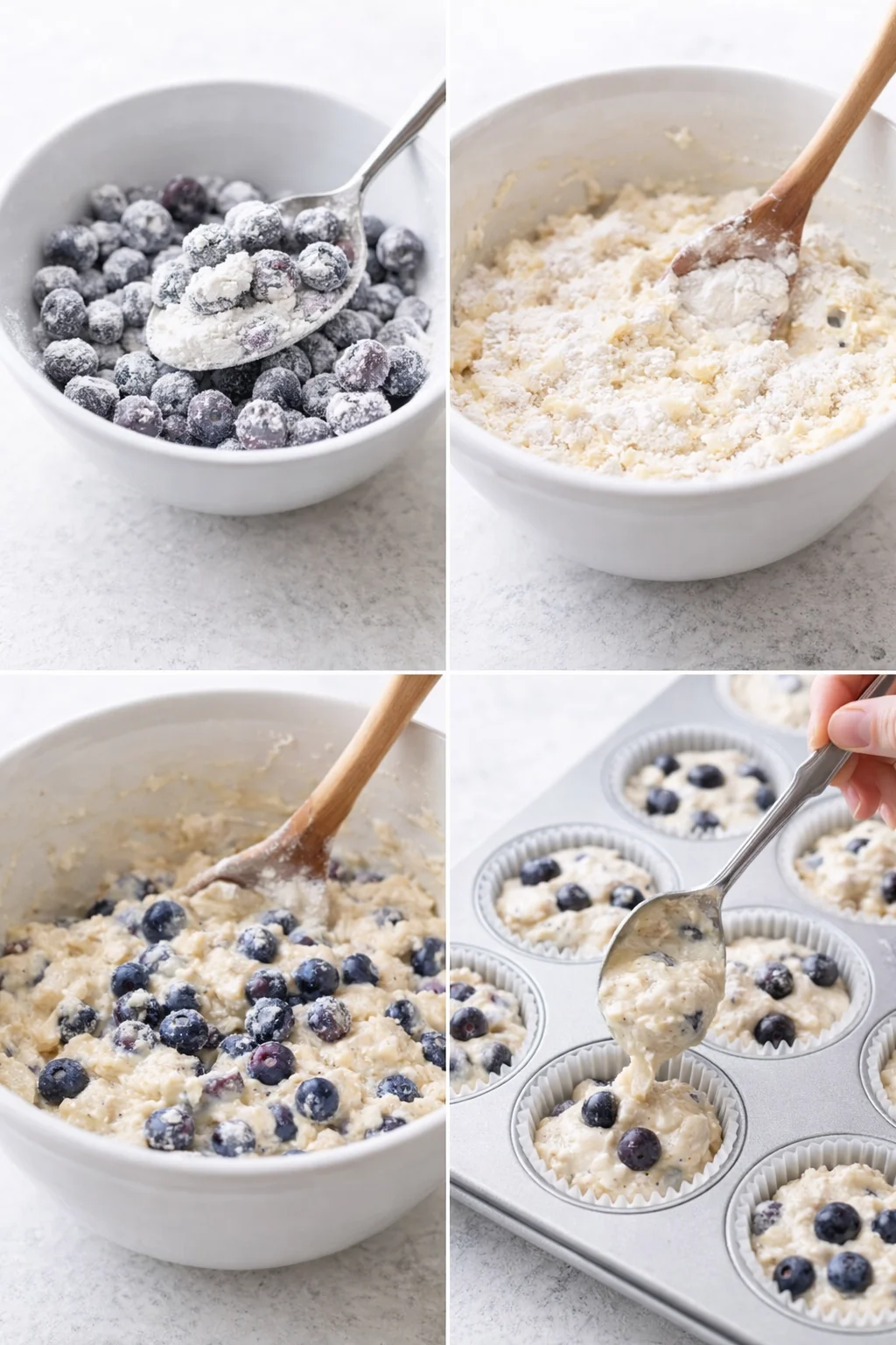 step-process-placeholder-5-8.png Blueberries dusted with flour, batter being gently folded, spooning batter into lined muffin cups.