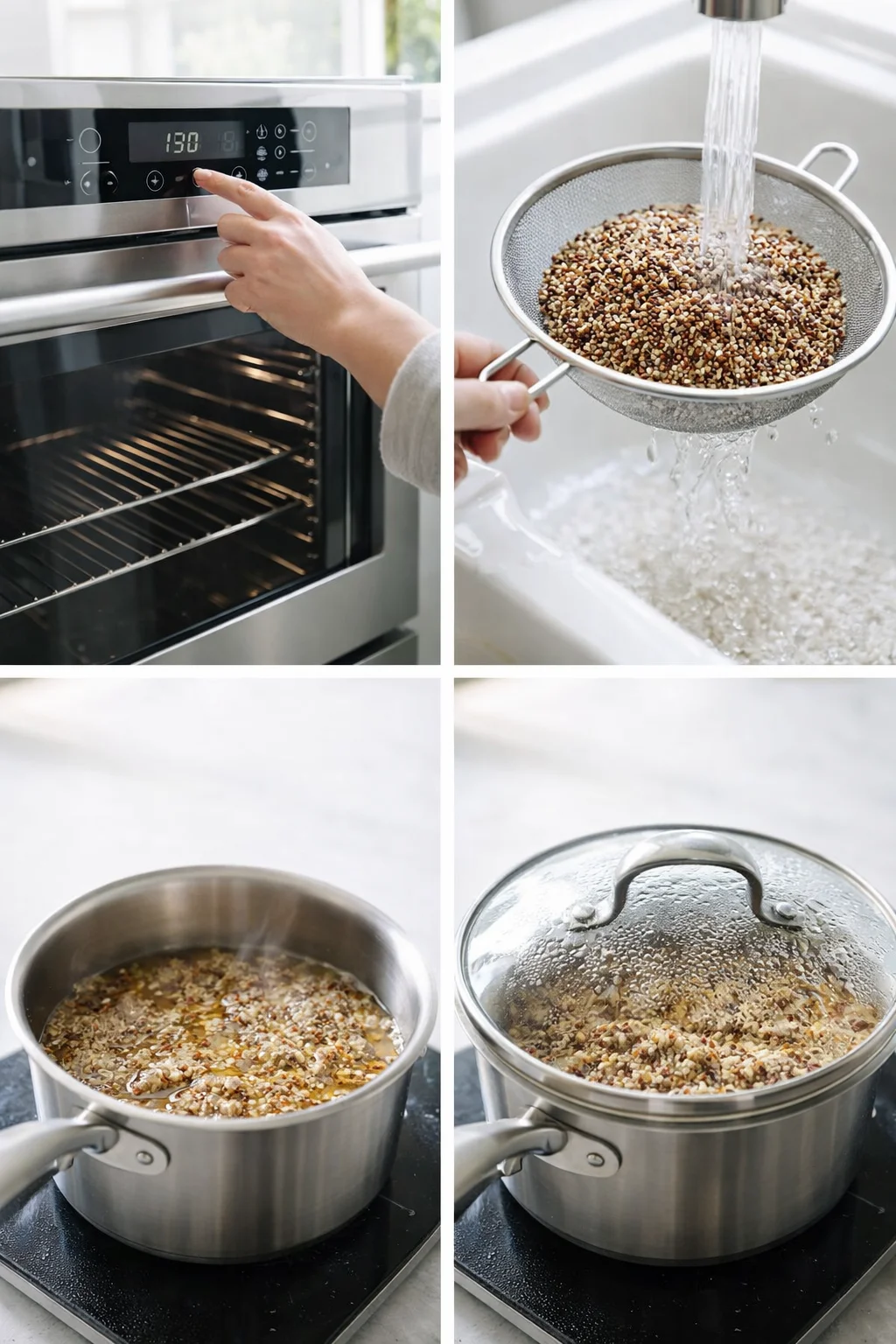 step-process-placeholder-1-4.png Rinsed quinoa in a fine-mesh sieve beside a saucepan simmering quinoa in broth.
