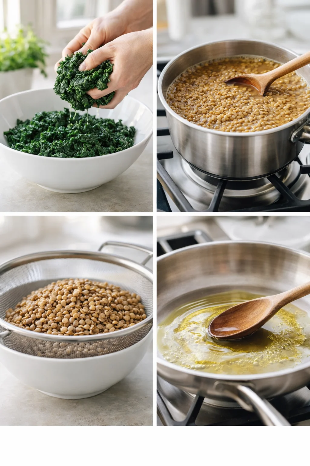 step-process-placeholder-5-8.png Skillet heating with olive oil while drained lentils and squeezed spinach sit ready.