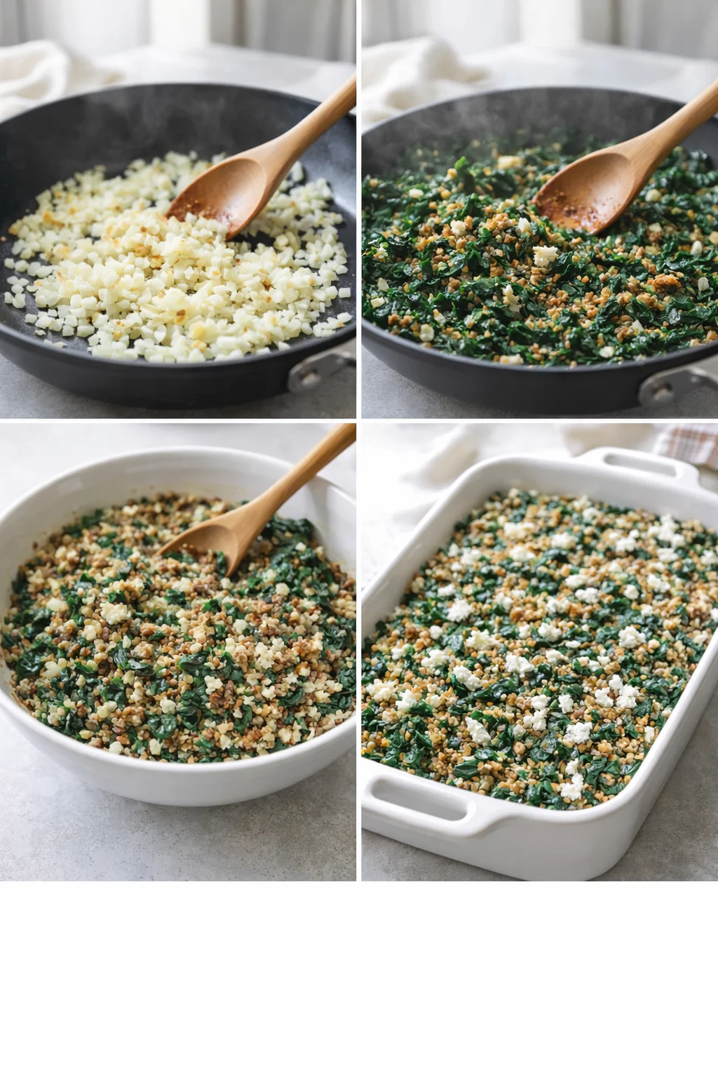 step-process-placeholder-9-12.png Mixed quinoa, lentil, and wilted spinach filling in greased baking dish topped with crumbled feta.