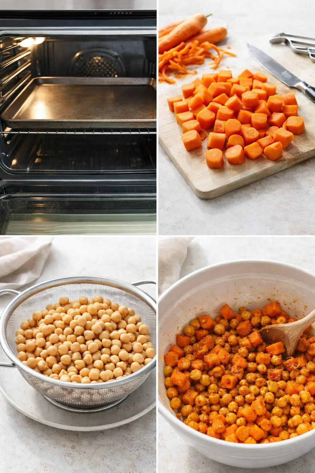 step-process-placeholder-1-4.png Bowl with uniform carrot chunks and chickpeas coated in olive oil and spices.