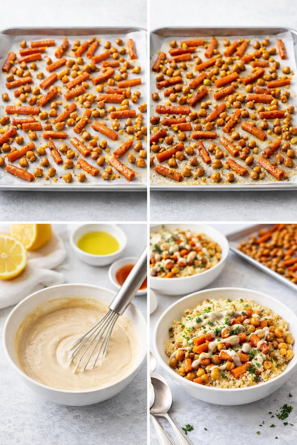 step-process-placeholder-5-8.png Roasted golden chickpeas and caramelized carrot pieces arranged on baking sheet with tahini nearby.