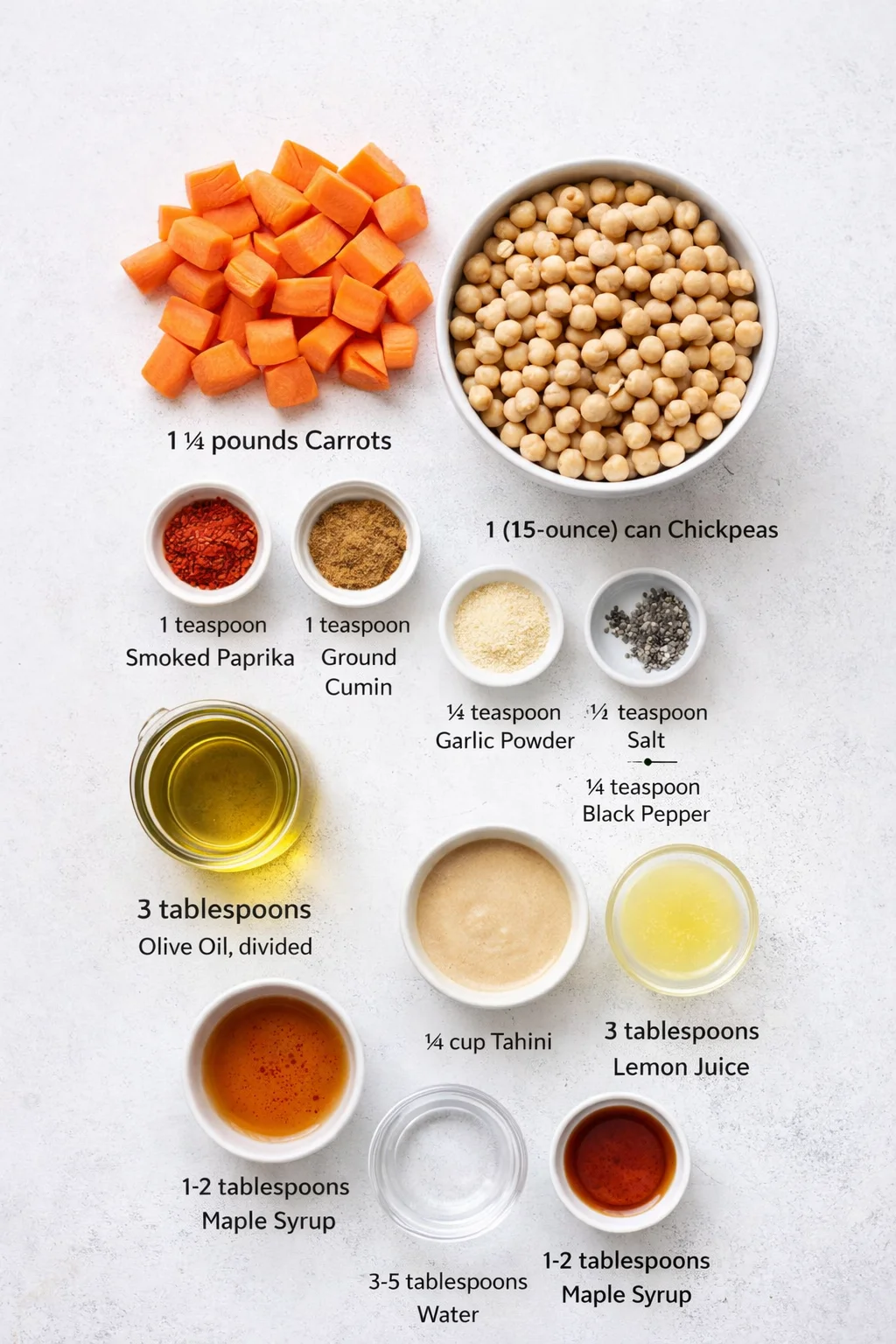 ingredients-placeholder.png Measured ingredients arranged for One-Pan Roasted Carrot and Chickpea Bowl: 1 ½ pounds (about 6-7 medium) Carrots, peeled and cut into 1-inch pieces, 1 (15-ounce) can Chickpeas, rinsed, drained, and thoroughly dried, 3 t